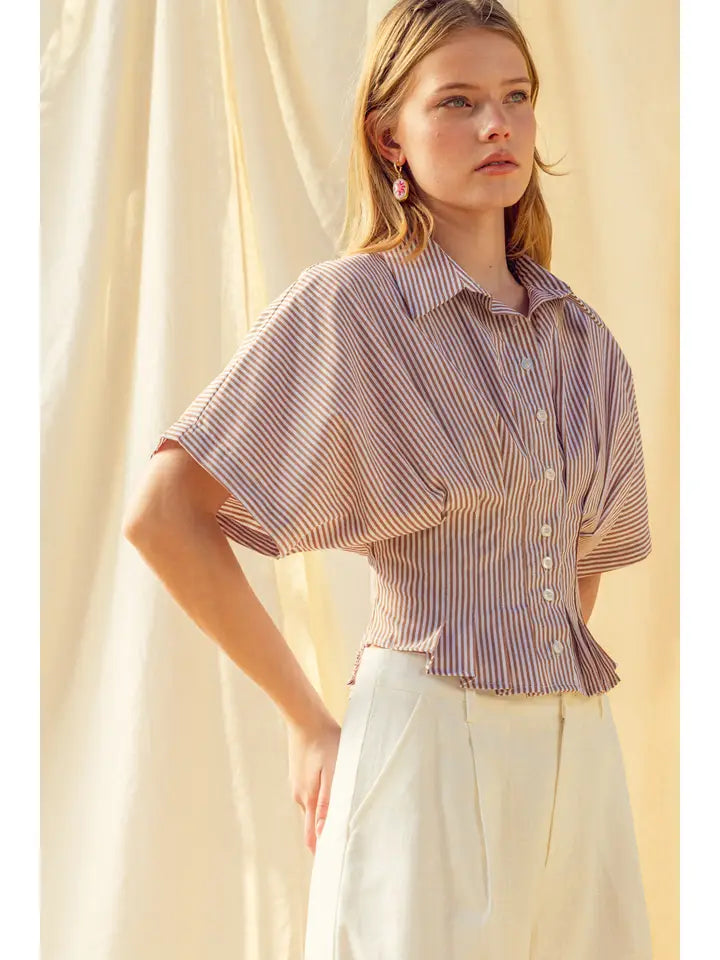 STRIPE BUTTON FRONT SHIRTS WITH PLEATED WAIST DETAIL