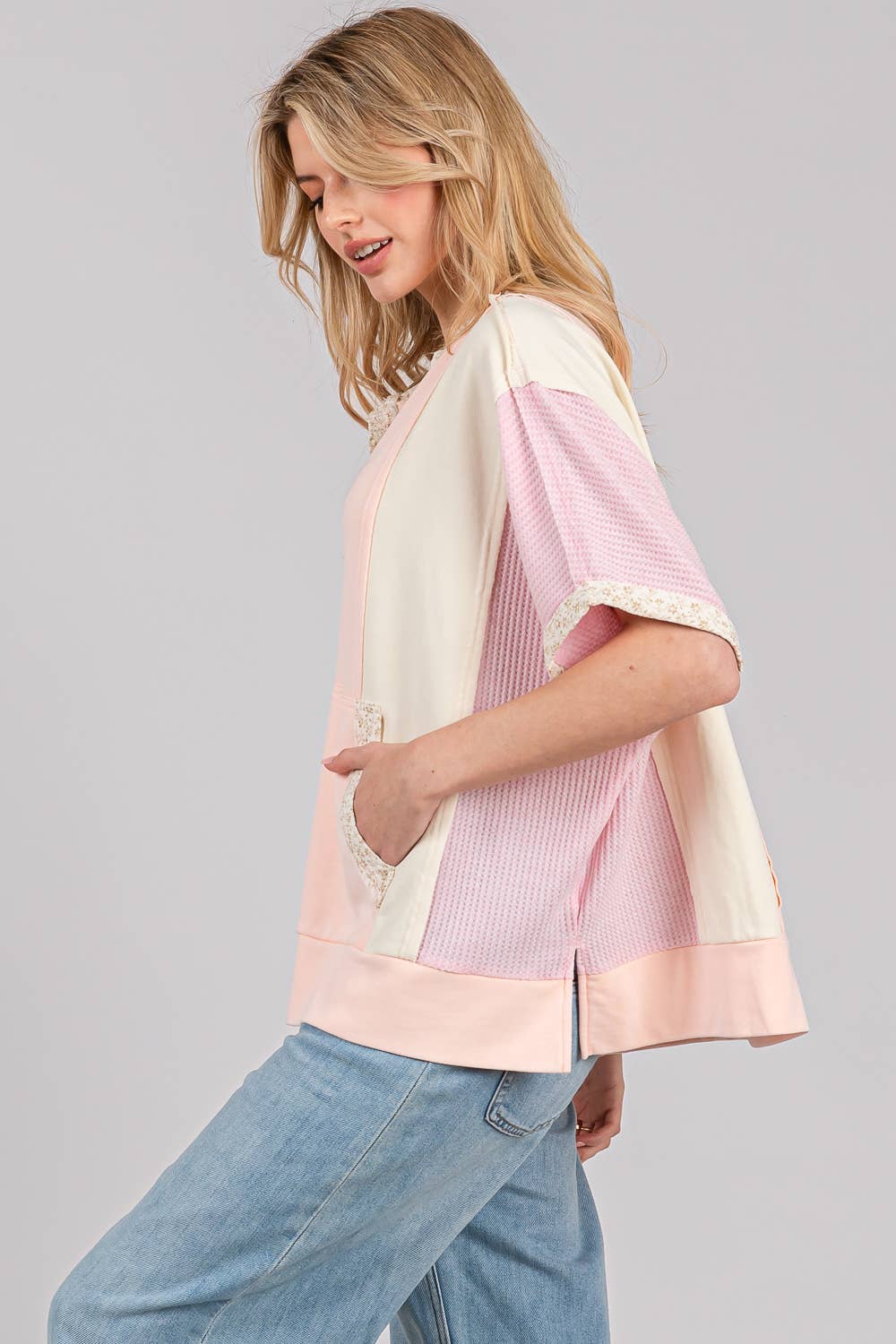 COLORBLOCK HALF BUTTON KNIT TOP (Sage + Fig)