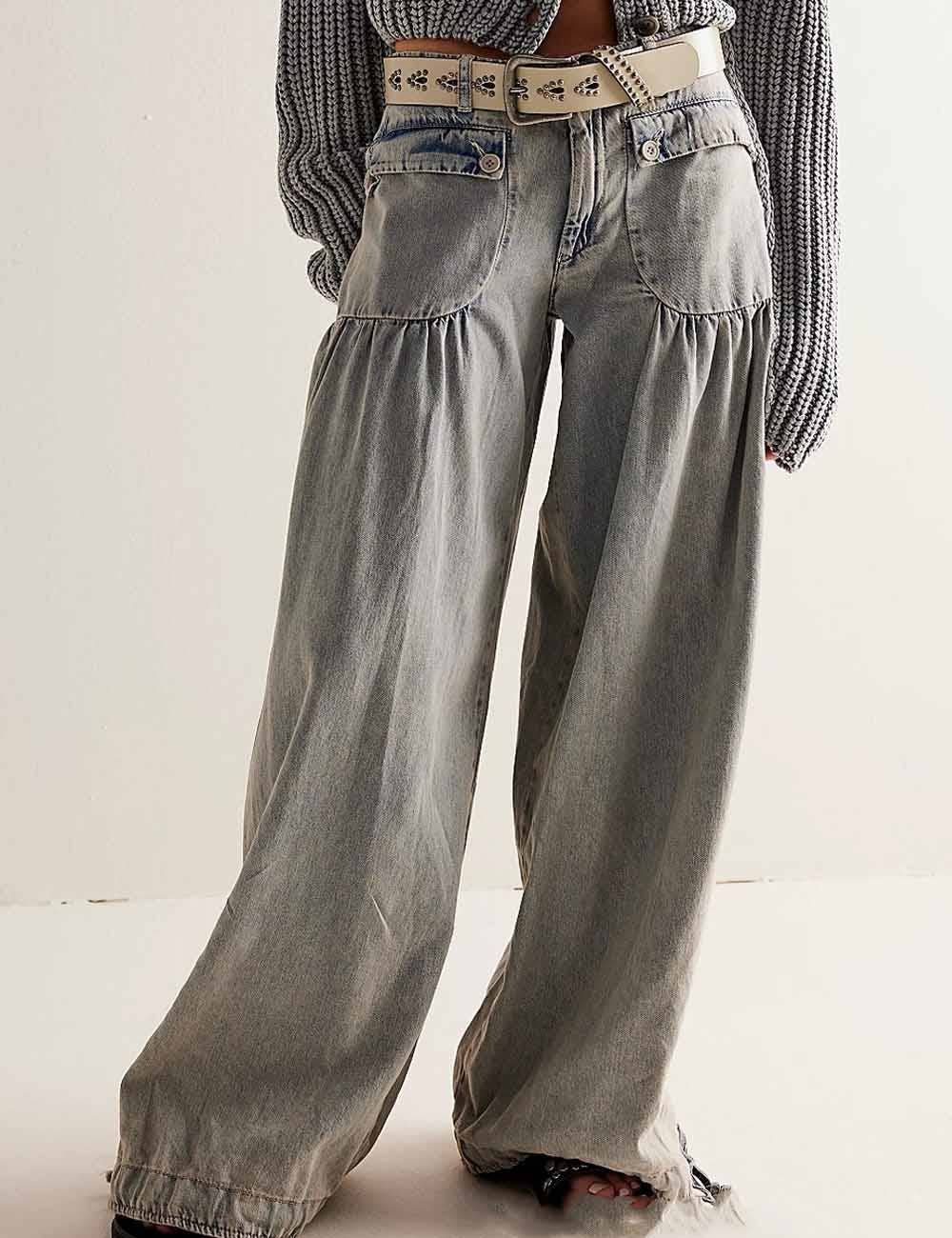 Ruched Drawstring Cuffed Denim Pants