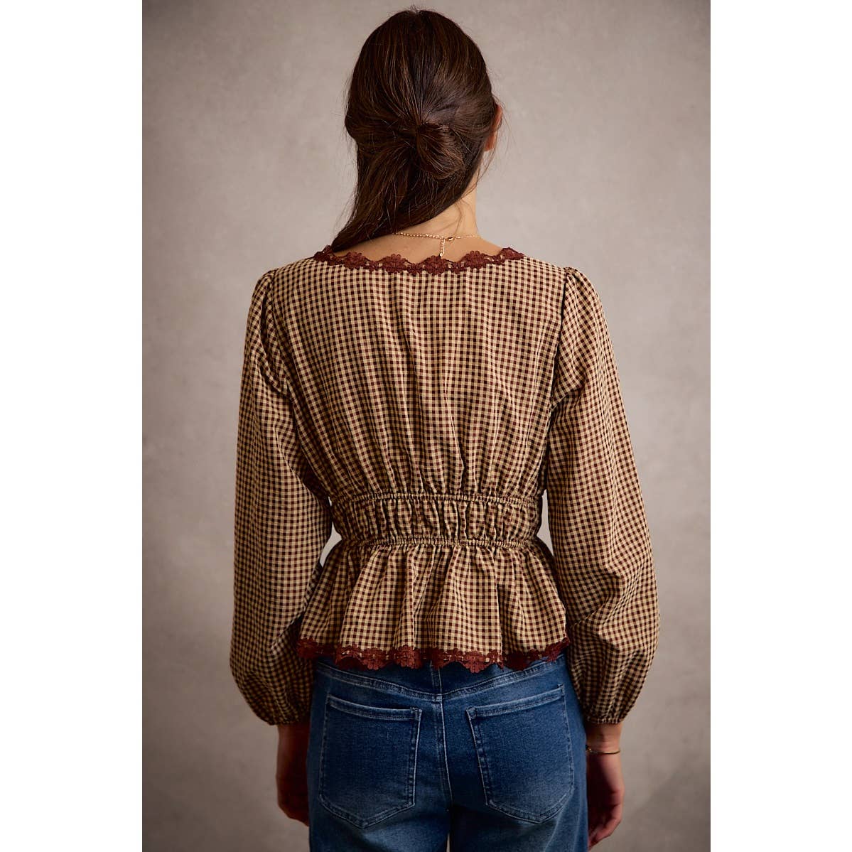 GINGHAM CHECK LACE TRIM RUCHED BODICE BLOUSE TOP