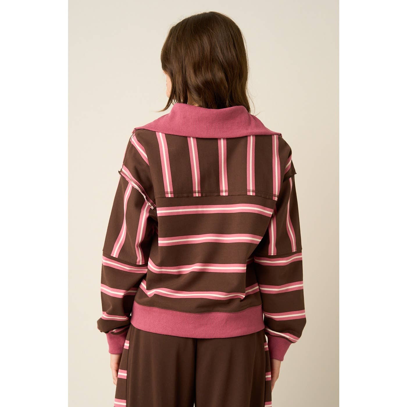 STRIPED CONTRAST SNAP COLLAR LONG SLEEVE PULLOVER