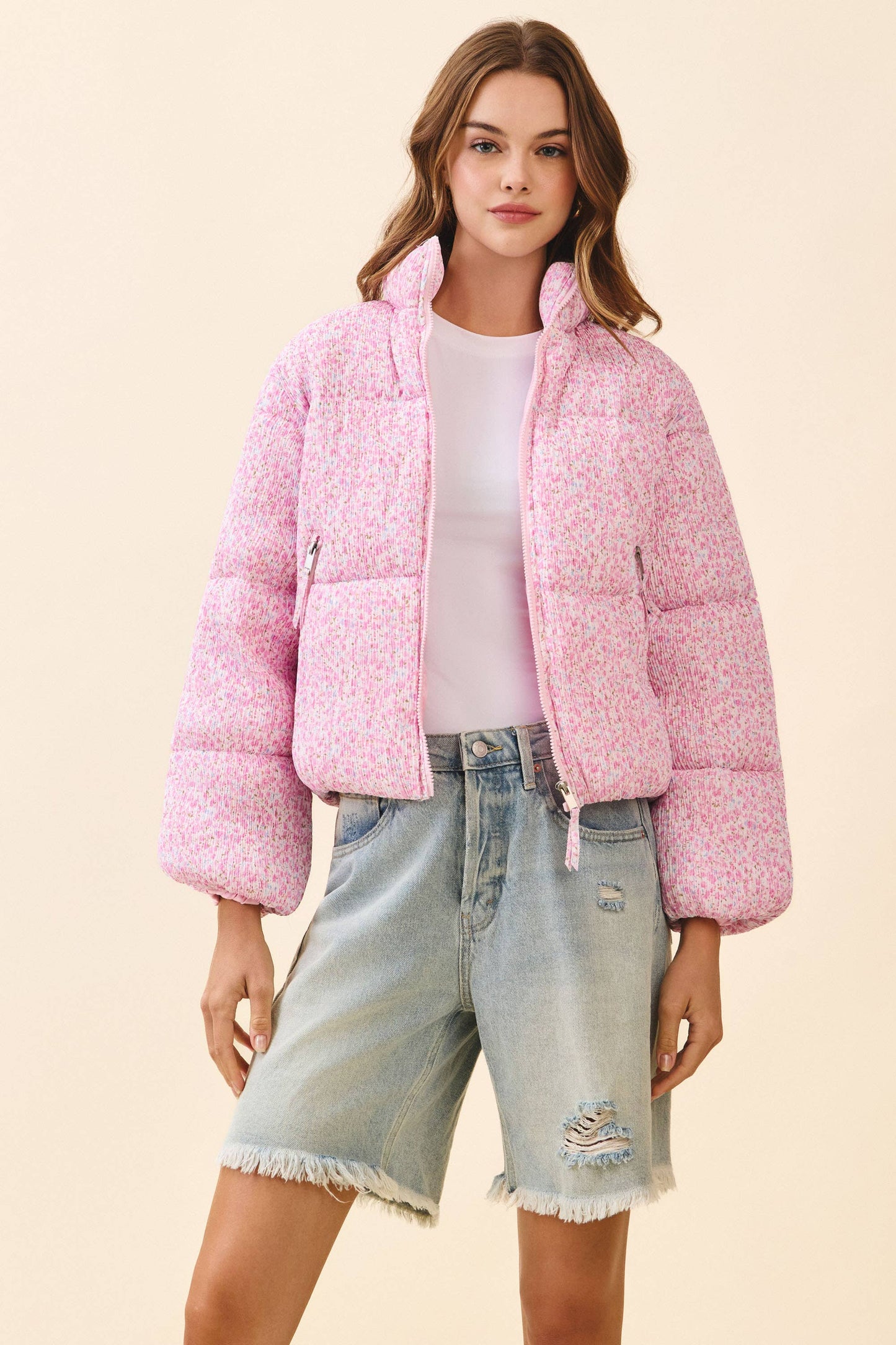 Floral Printed Pink Puffer Jacket