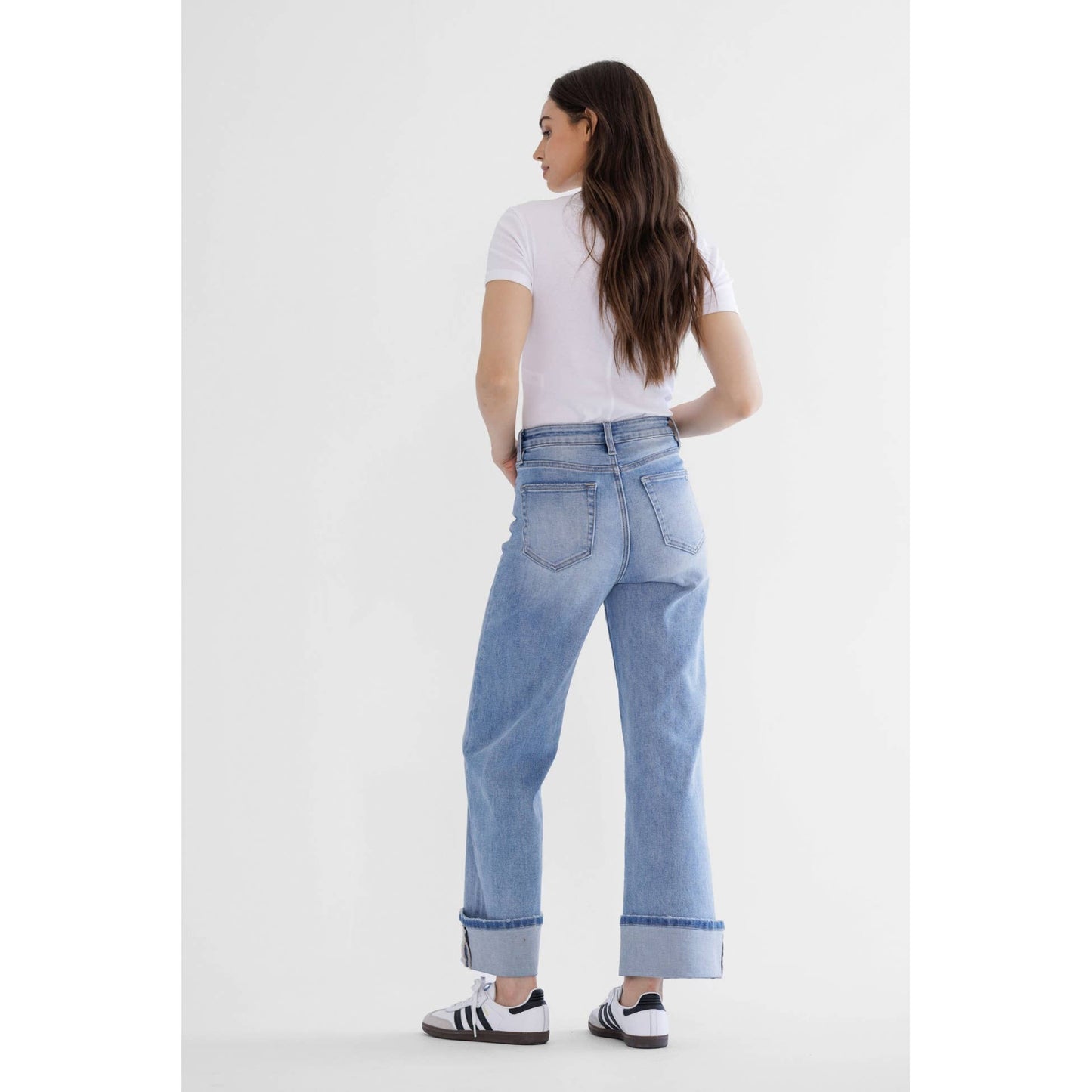 Super High Rise Wide Leg Cuffed Denim Jeans- Mica Denim