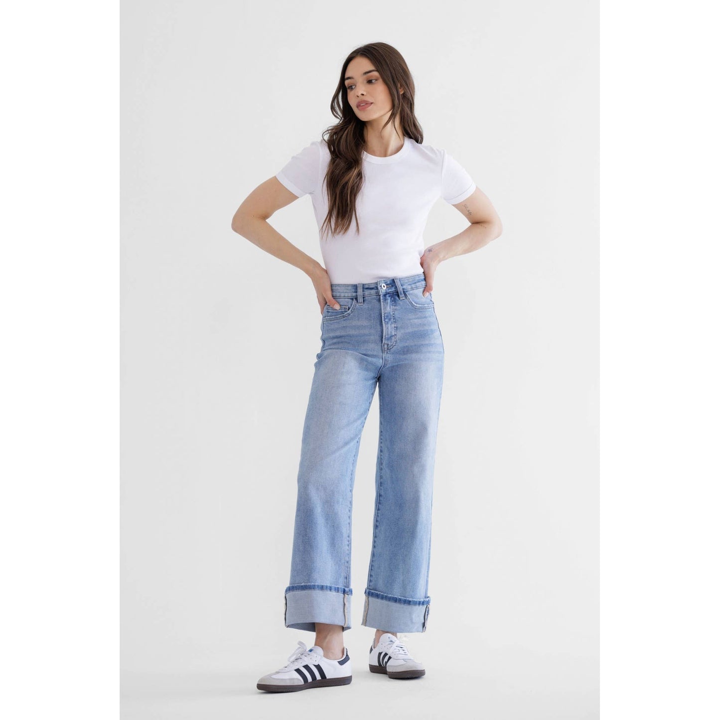 Super High Rise Wide Leg Cuffed Denim Jeans- Mica Denim