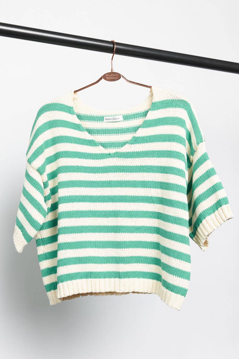 Striped Short Sleeve V-Neck Knit Top