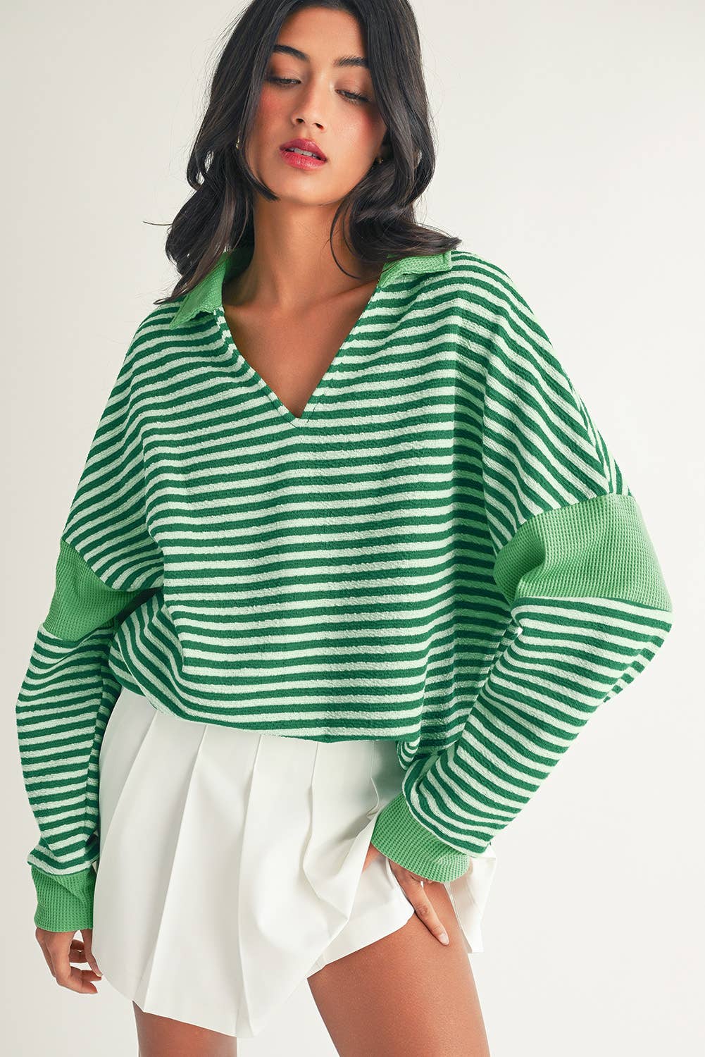 Little Daisy Closet - LDC Stripe Turn-Down V Neck Patchwork Loose Top