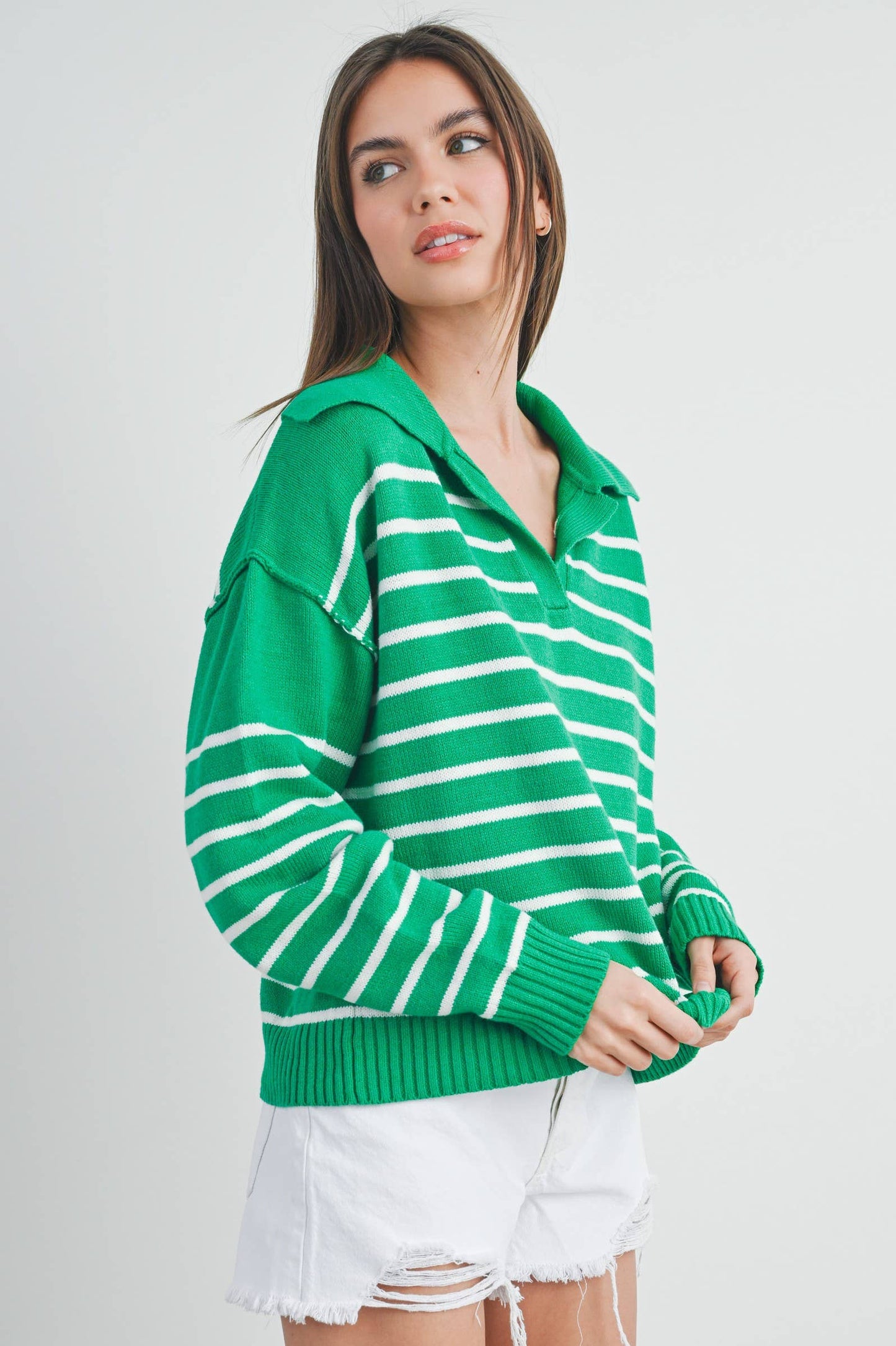 Green V-Neck Striped Sweater