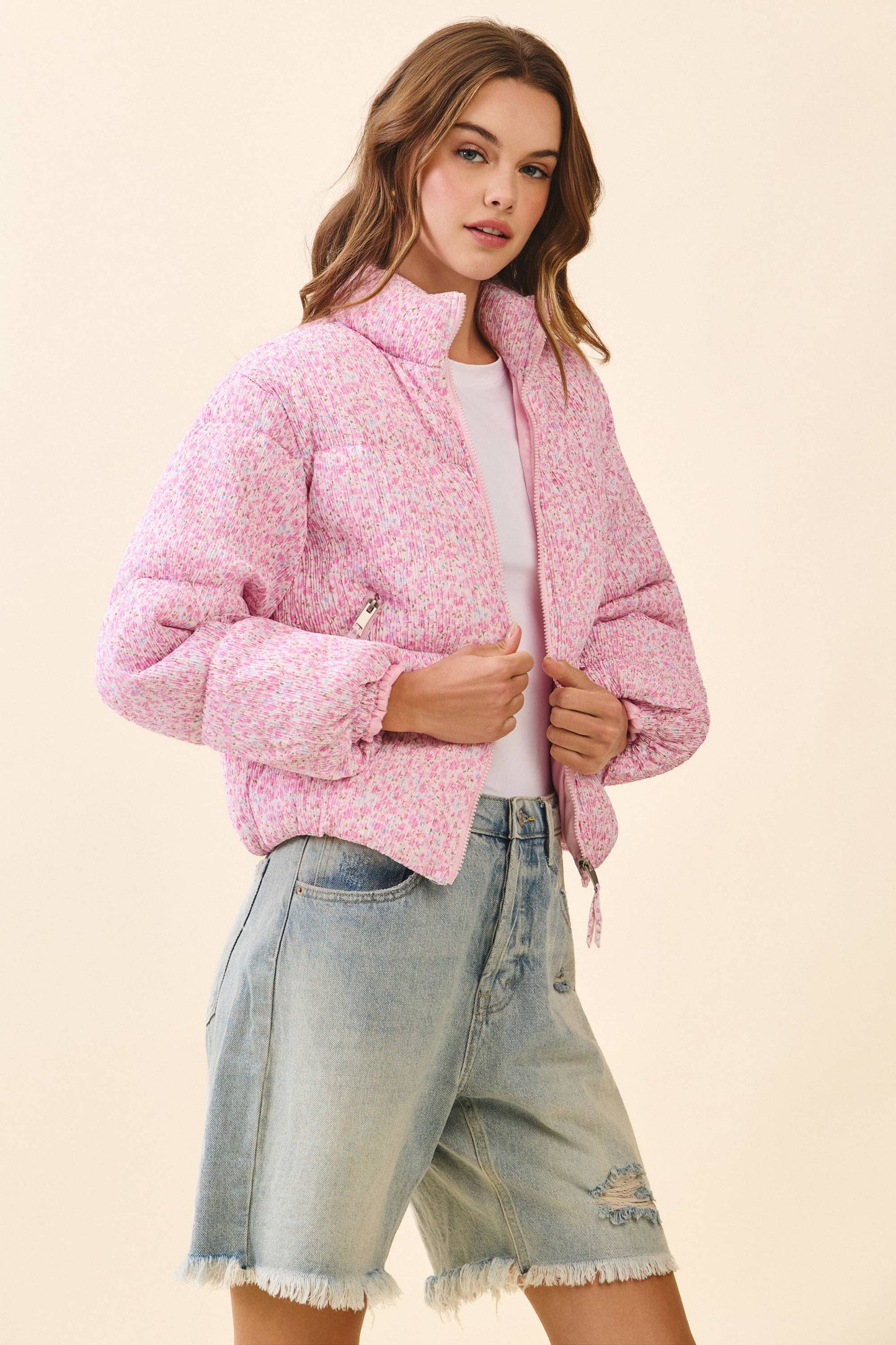 Floral Printed Pink Puffer Jacket
