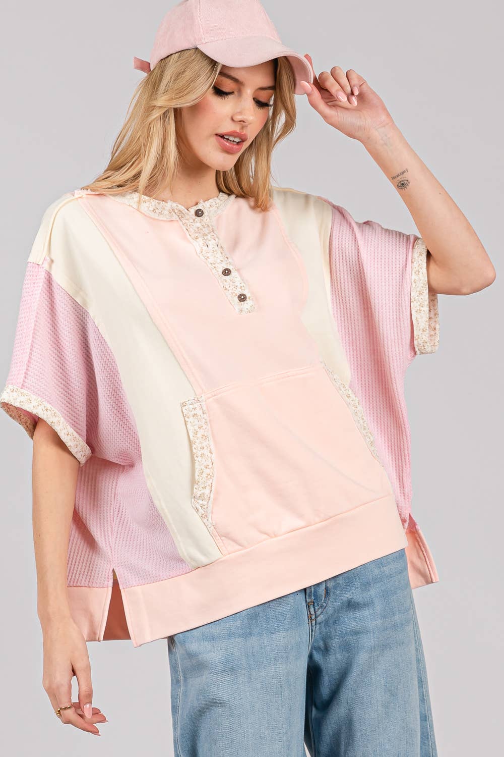 COLORBLOCK HALF BUTTON KNIT TOP (Sage + Fig)