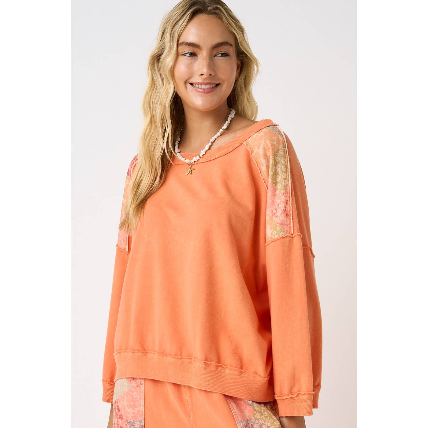 PATCHWORK MINERAL WASH LONG SLEEVE SWEATSHIRT TOP