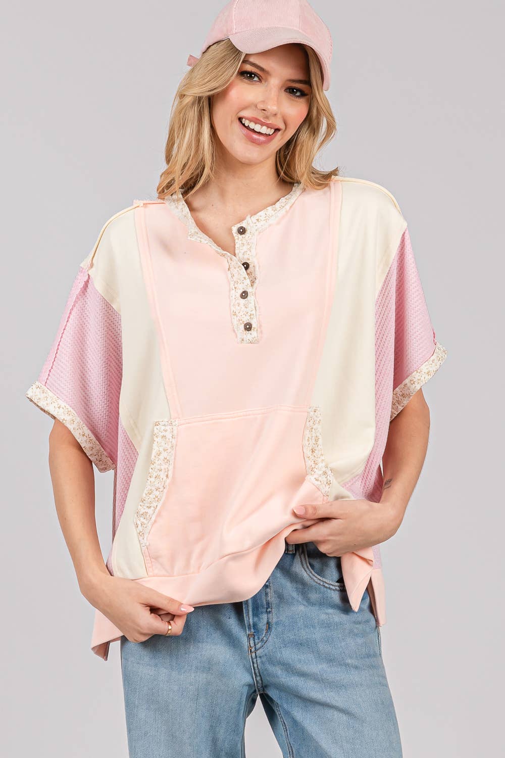 COLORBLOCK HALF BUTTON KNIT TOP (Sage + Fig)