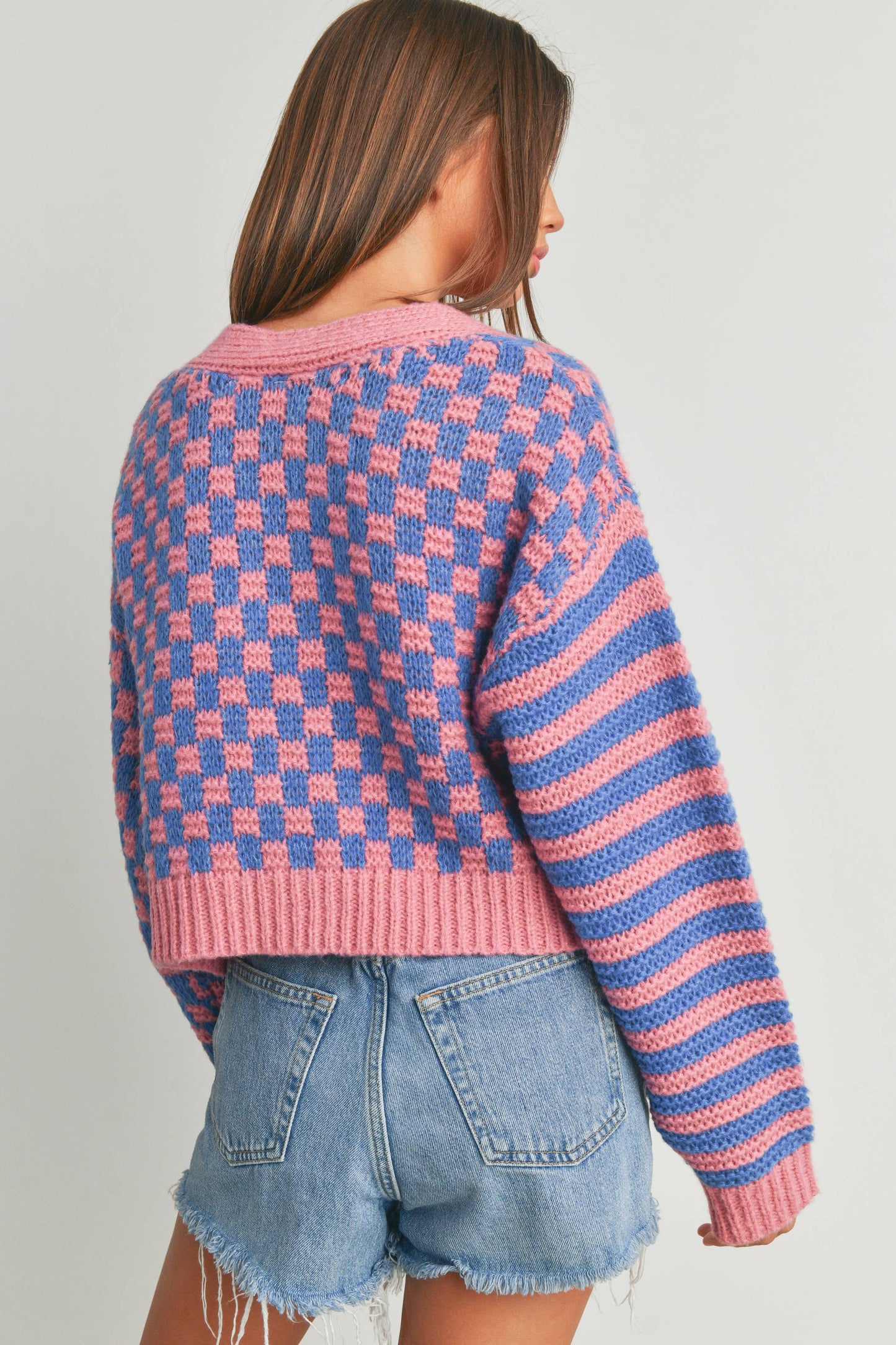 Checkered Stripe Cardigan Sweater