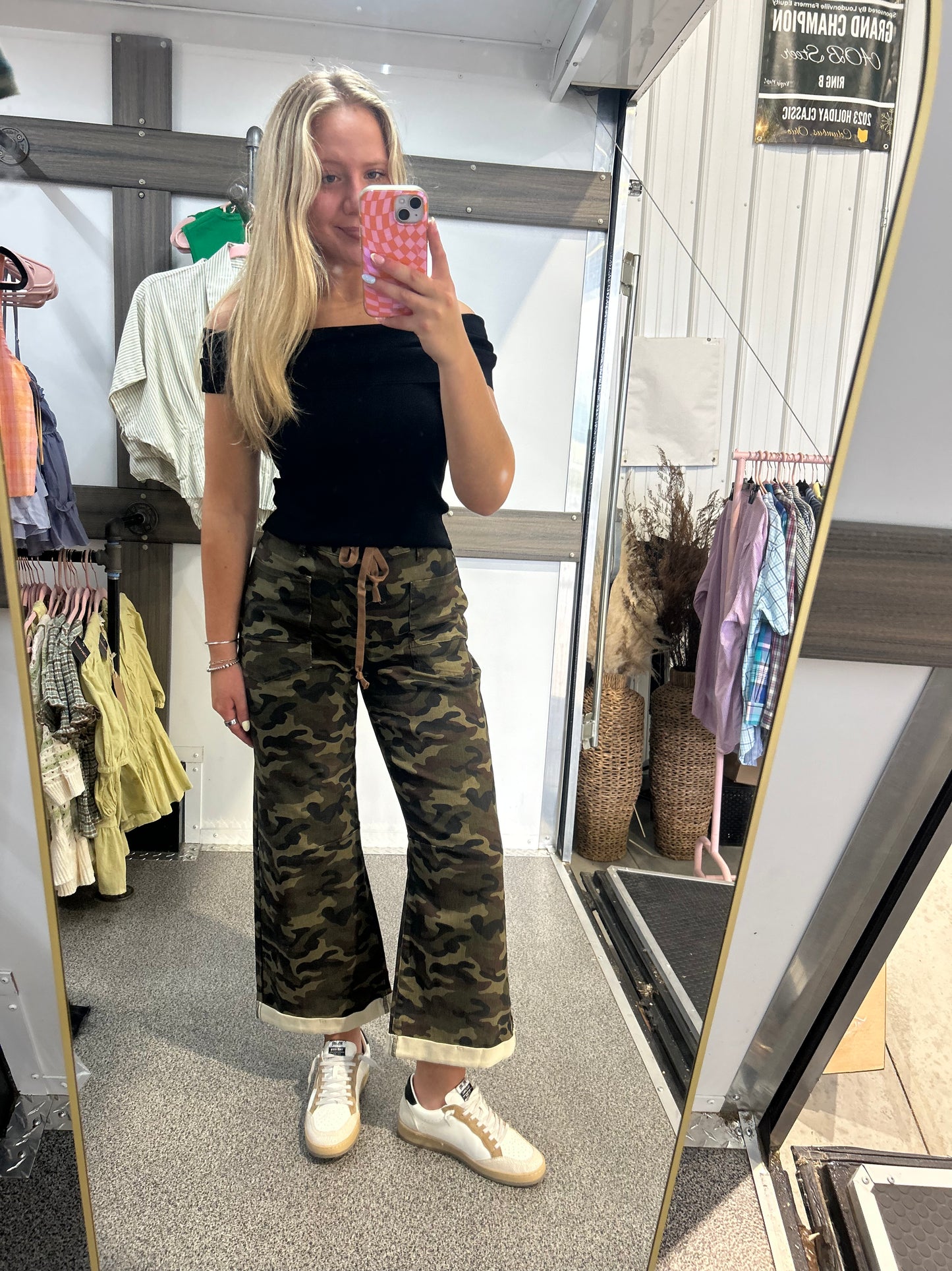 Camouflage Print Retro Grommet Tie Waist Loose Jeans