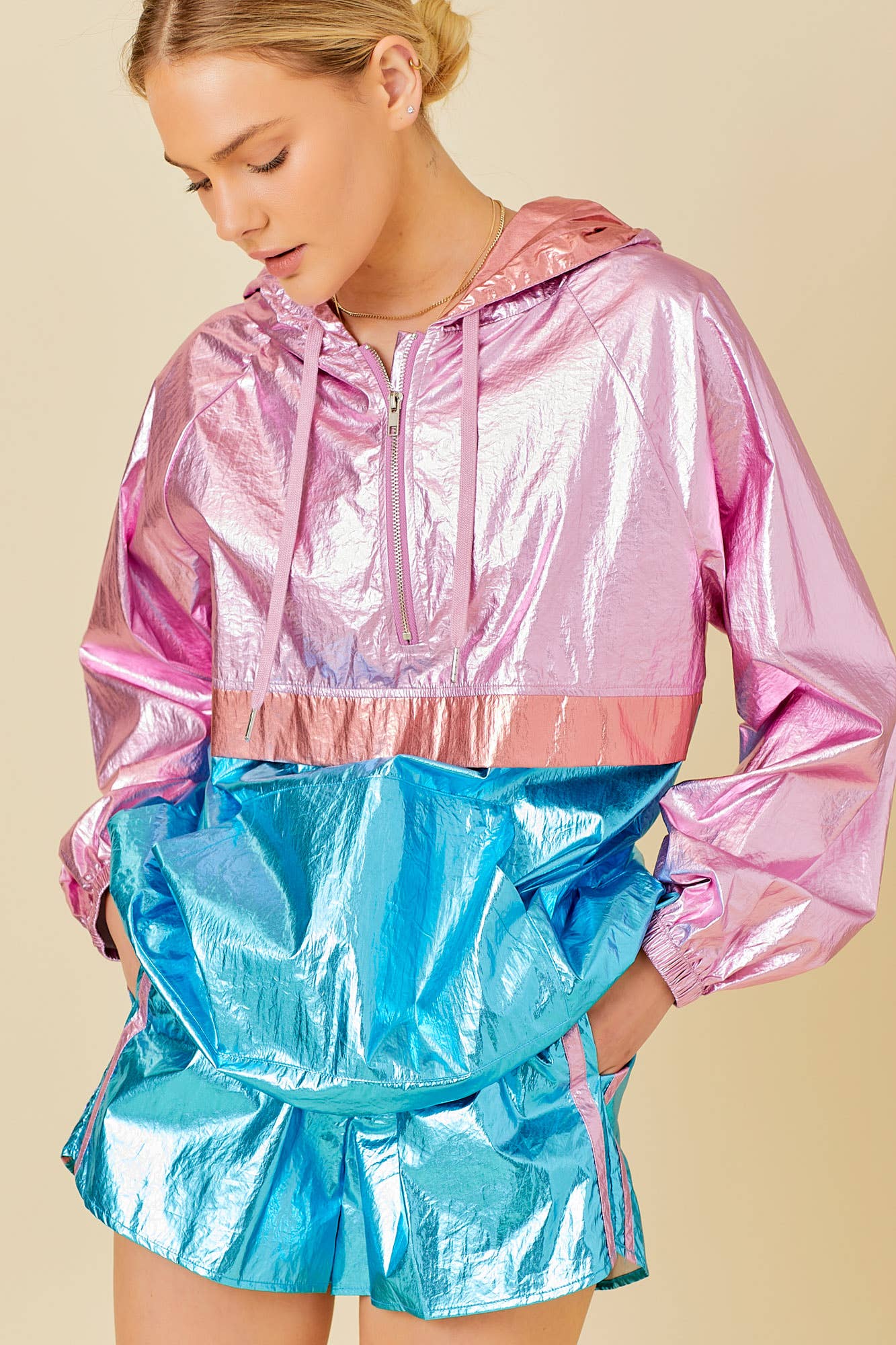 Color Block Hoodie Metalic Windbreaker