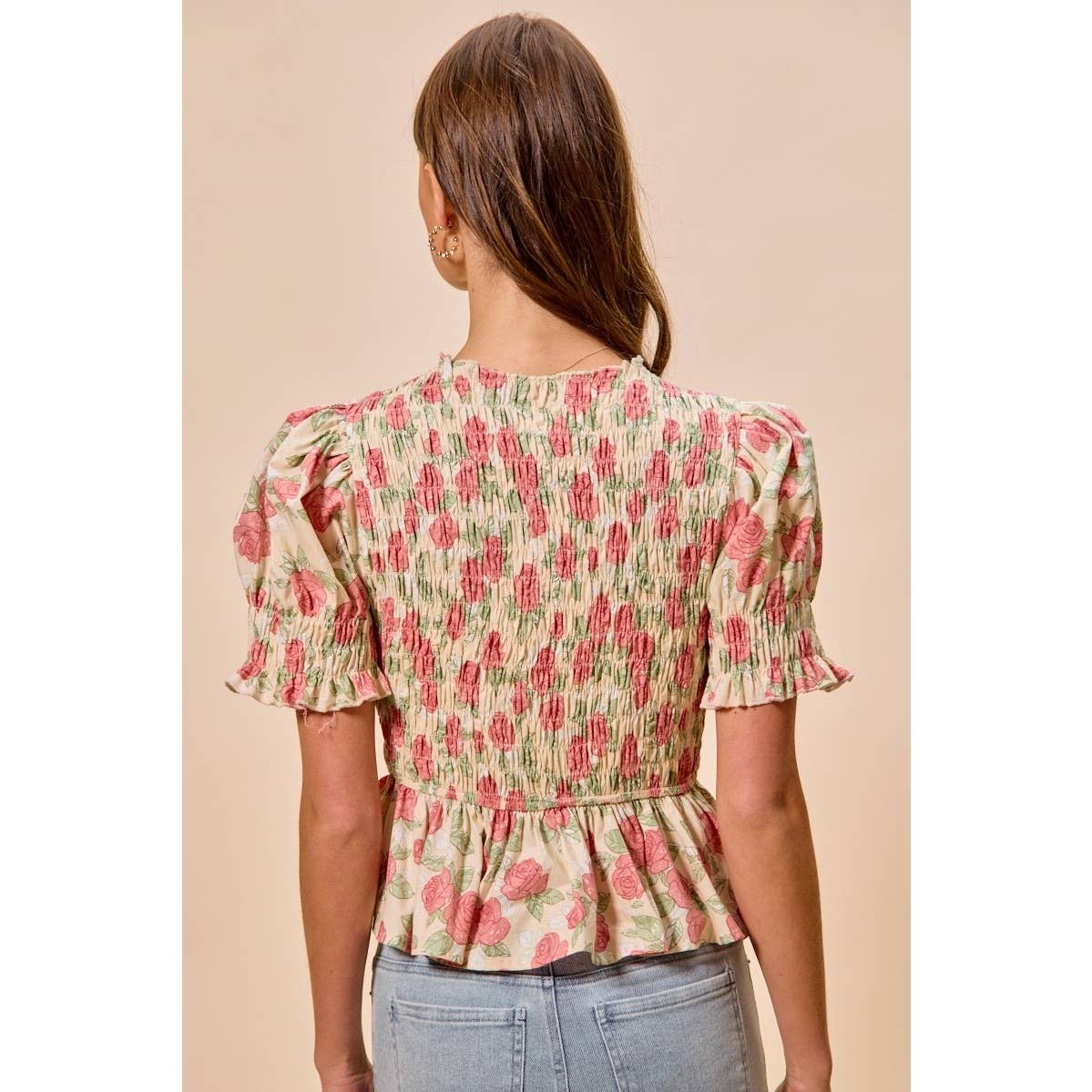 Floral Rose Print Smocked Short Sleeves Blouse Top