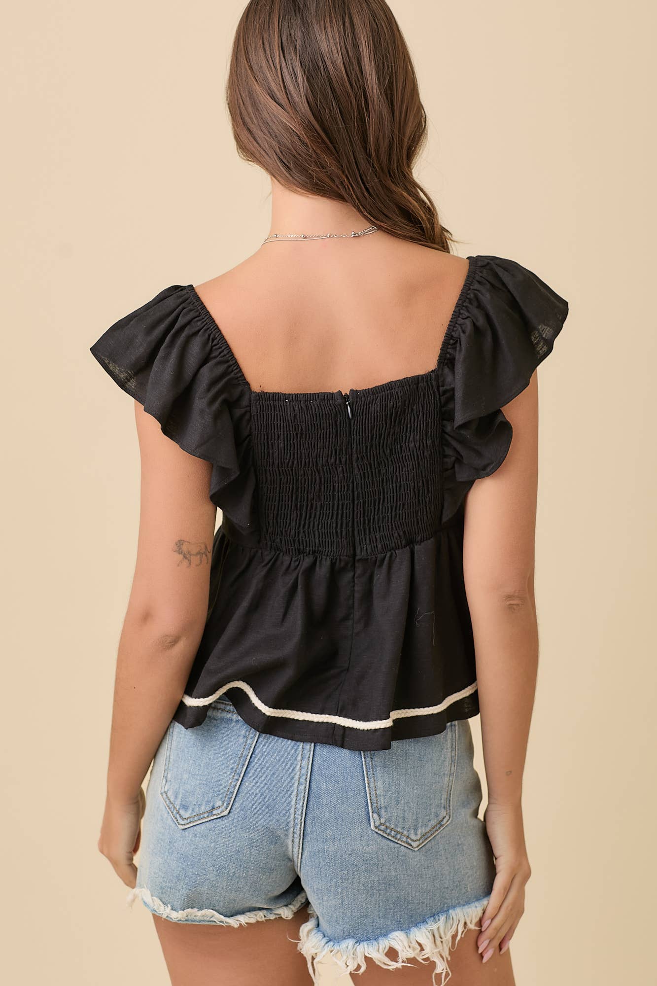 Ruffle Sleeve Peplum Blouse With Rope Embroidery