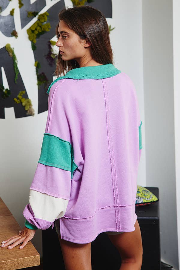 Color-block Collared Loose Fit Top