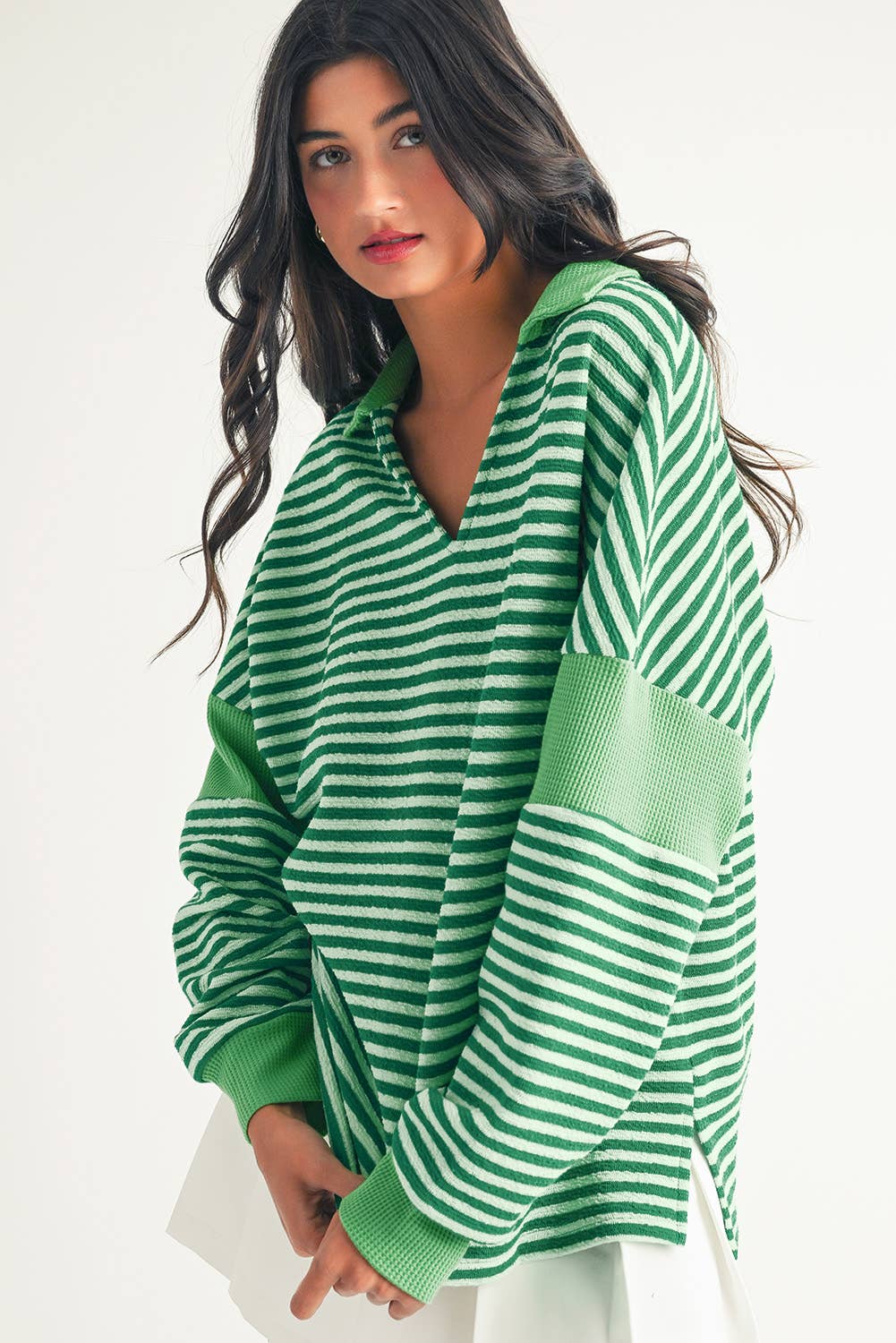 Little Daisy Closet - LDC Stripe Turn-Down V Neck Patchwork Loose Top