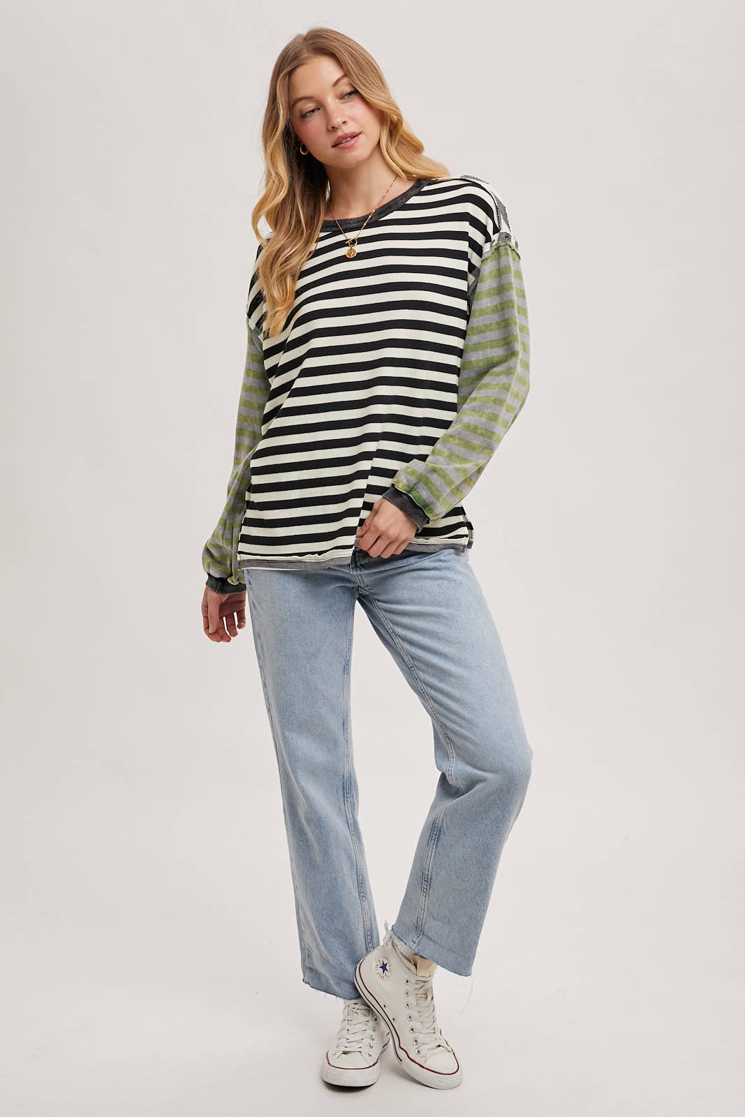 Bluivy - STRIPE CONTRAST EXPOSED SEAM LOOSE FIT KNIT PULLOVER