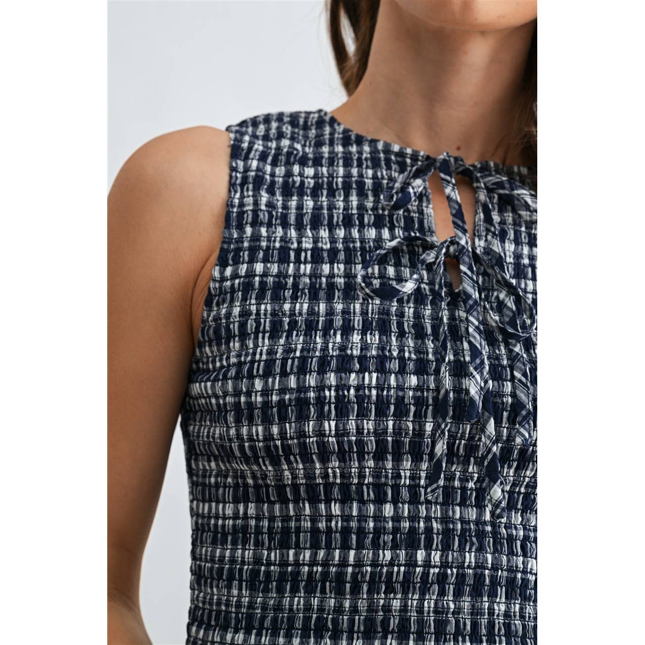 FUN2FUN - GINGHAM PRINTED SLEEVELESS PEPLUM TIE DETAIL SOCKED TOP