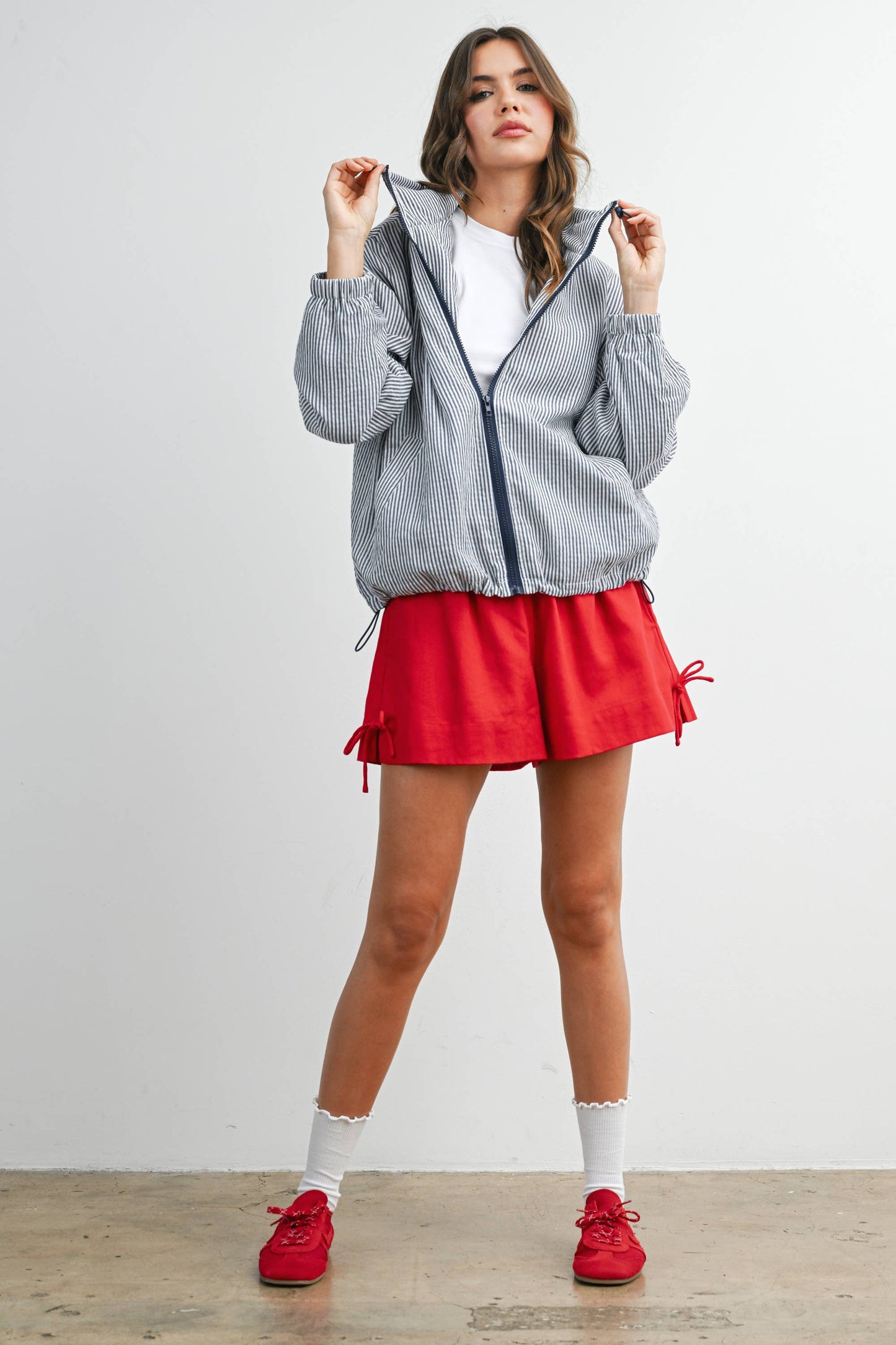 BUTTERMELON - Striped Collared Zip-Front Drawstring Jacket - BMJ7991: BROWN MULTI / M