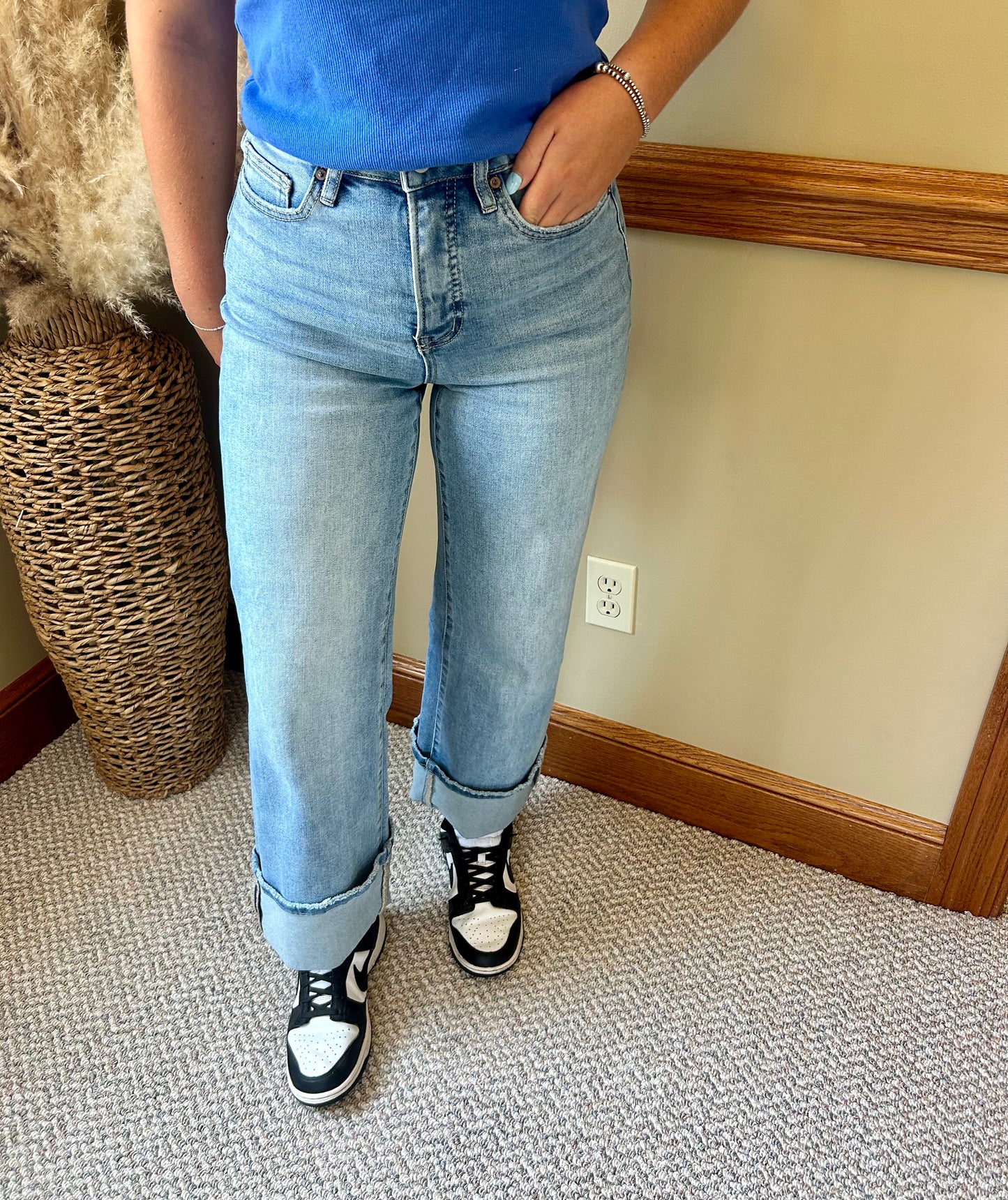 Super High Rise Wide Leg Cuffed Denim Jeans- Mica Denim