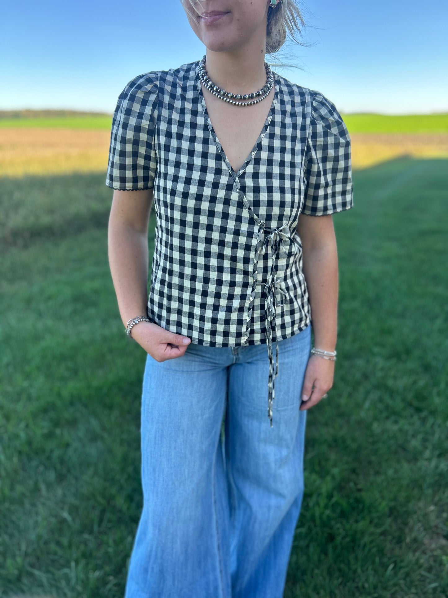 Checkered Cross Over Blouse