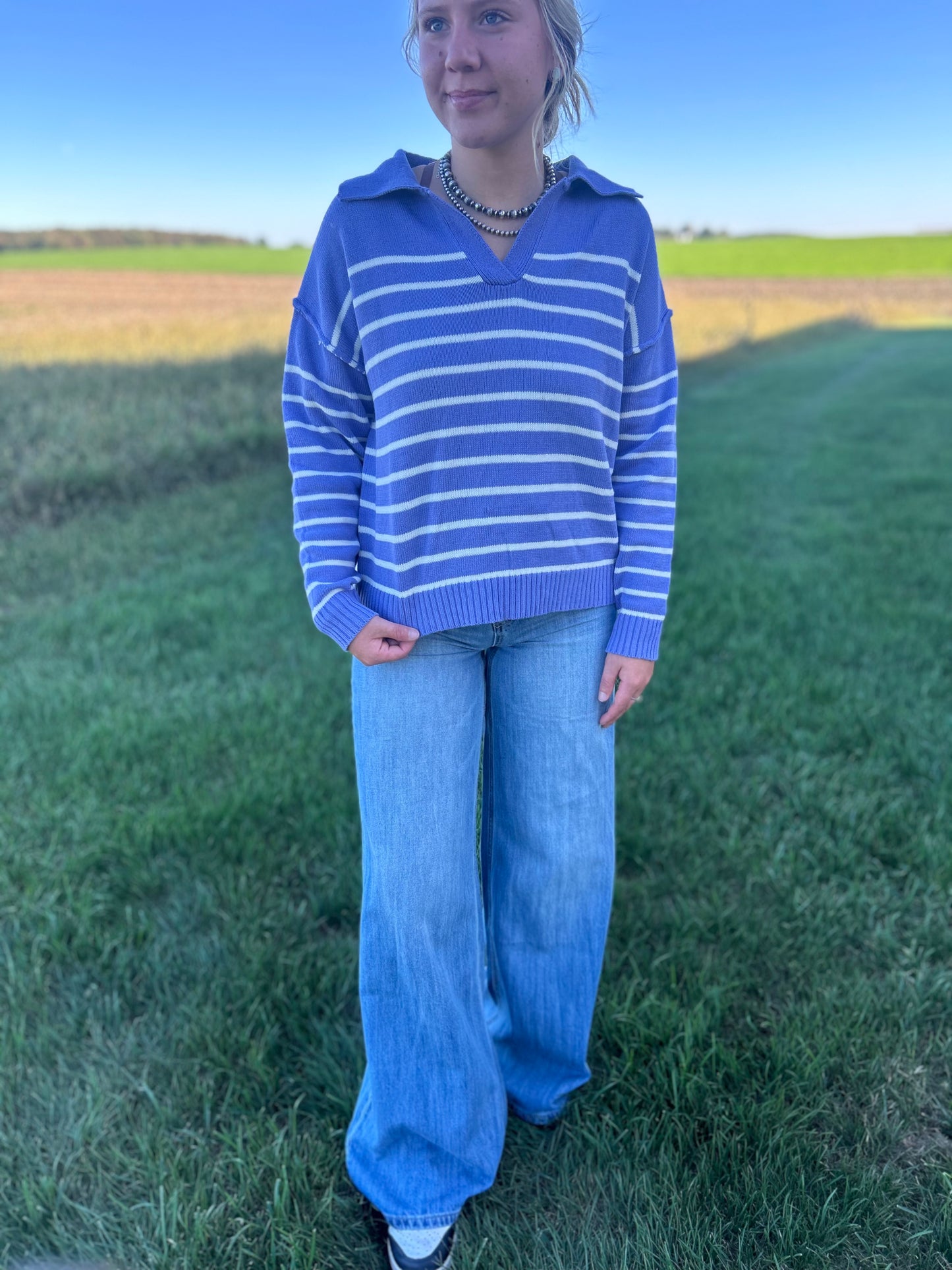 Ivory Striped V-Neck Sweater