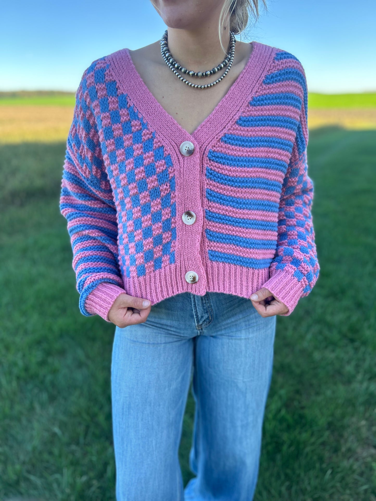 Checkered Stripe Cardigan Sweater