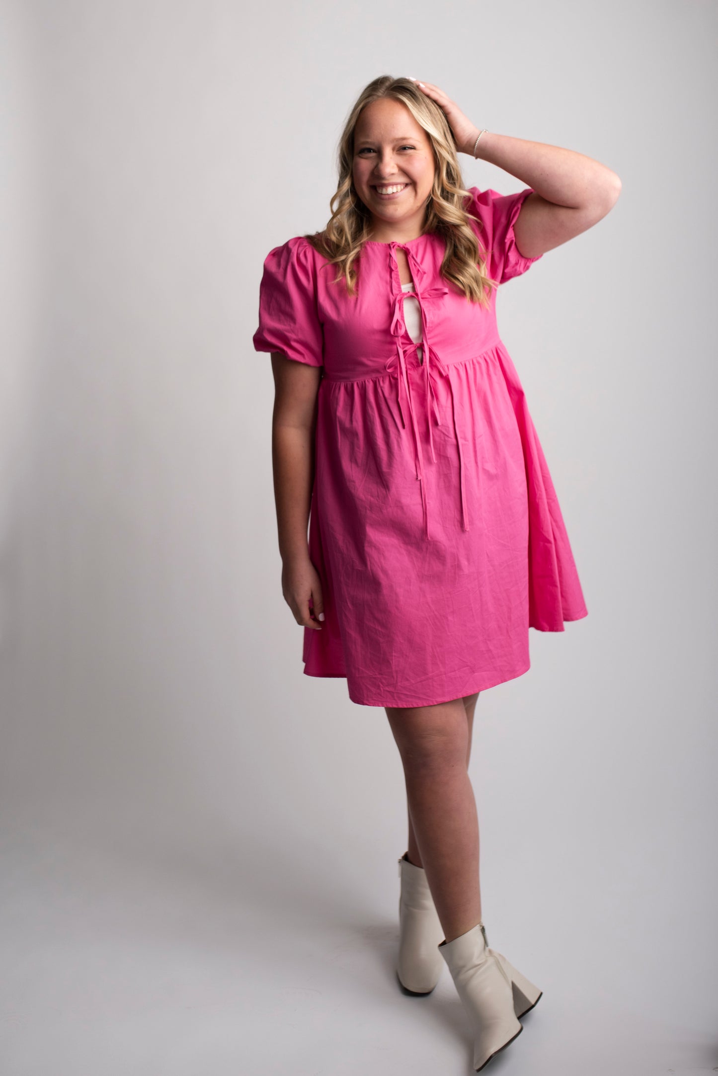 Bright Pink Puff Sleeve Tie Front Mini Dress