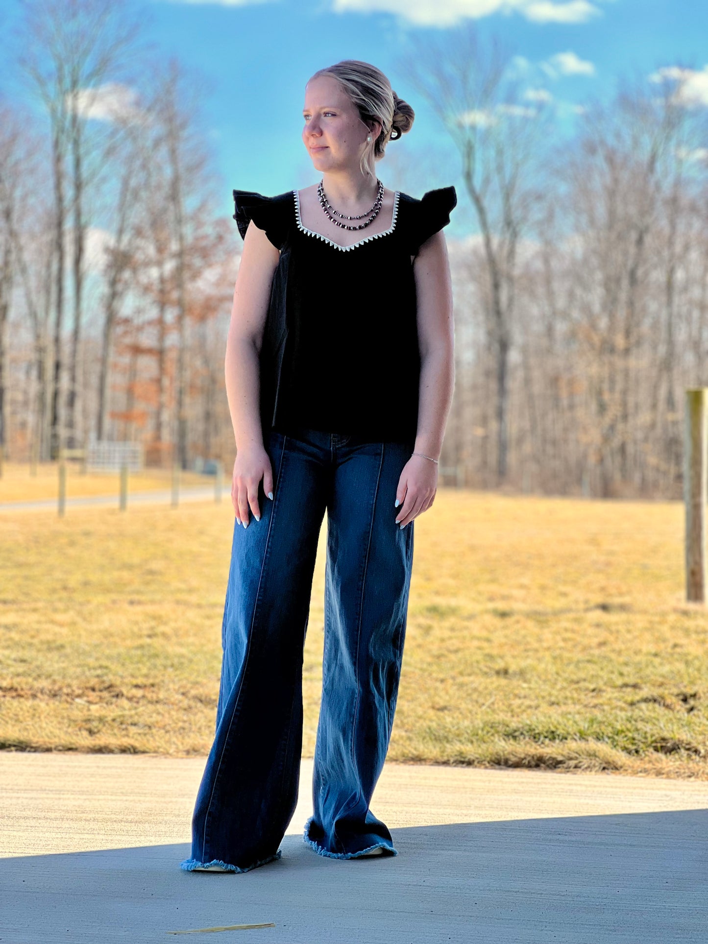 Ruffle Sleeved V-Neck Linen Top with Embroidery