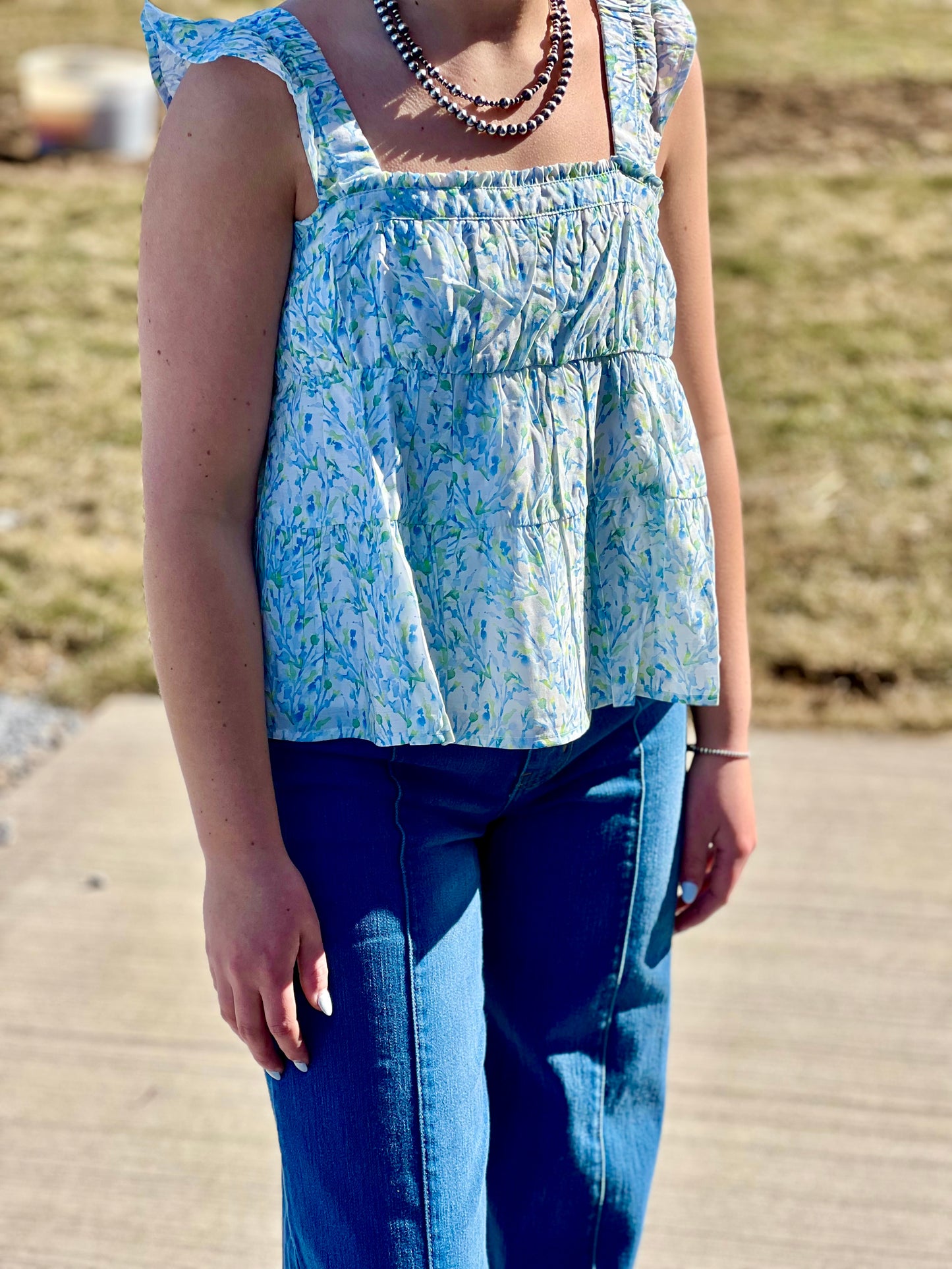 Print Square Neck Ruffle Sleeve Flare Top