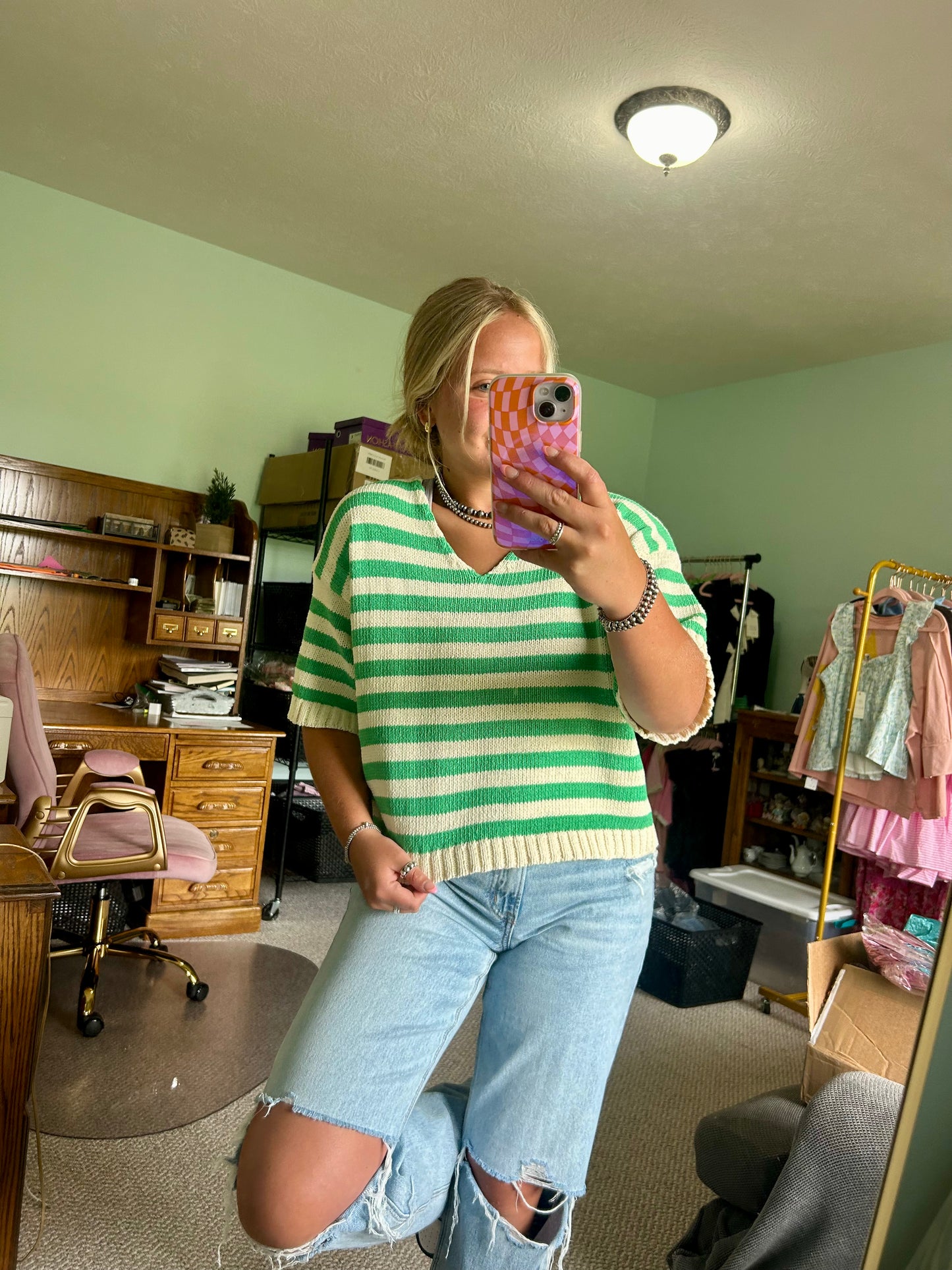 Striped Short Sleeve V-Neck Knit Top