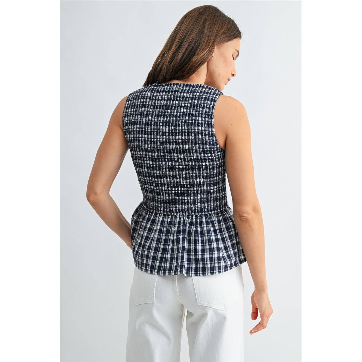 GINGHAM PRINTED SLEEVELESS PEPLUM TIE DETAIL SOCKED TOP