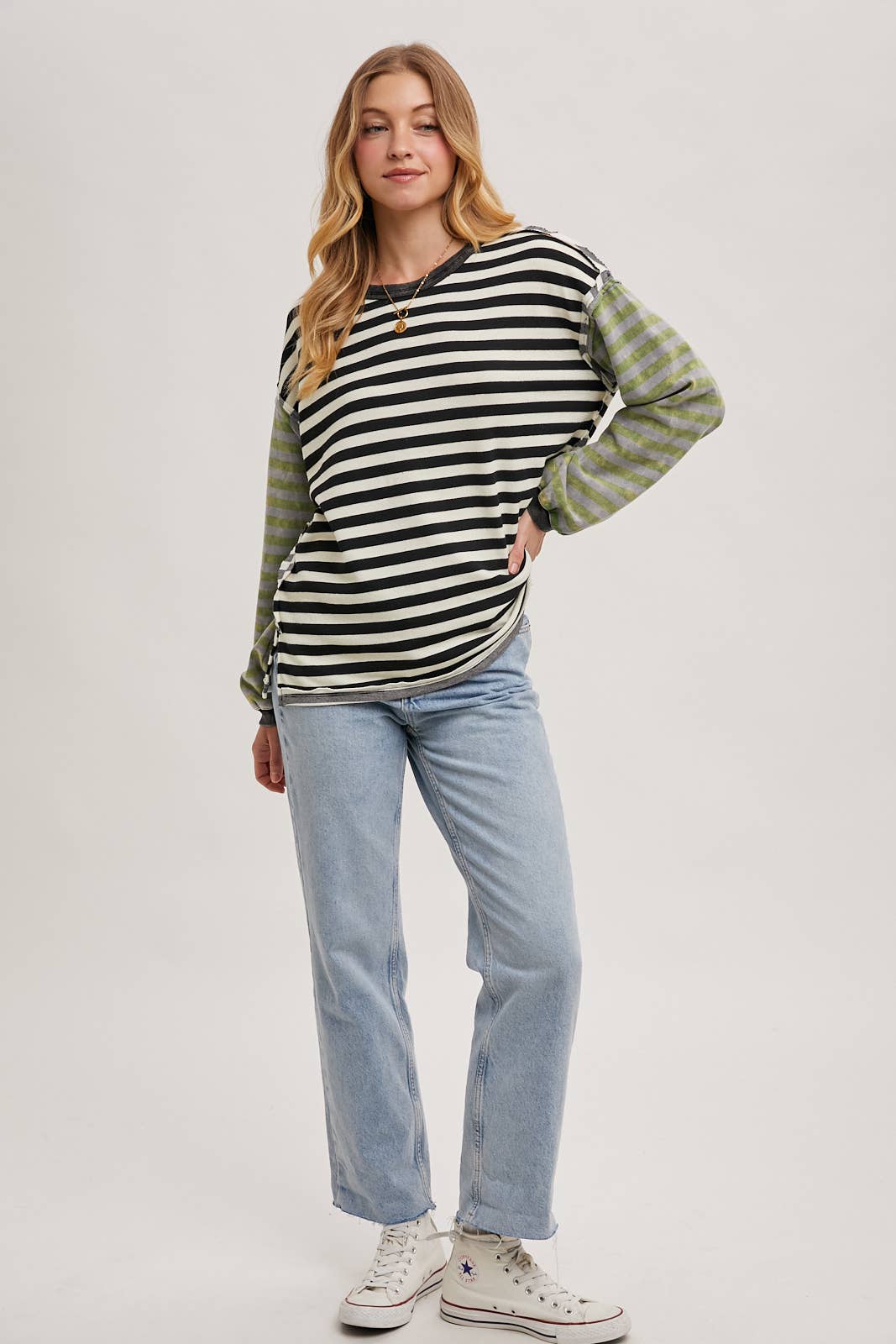 Bluivy - STRIPE CONTRAST EXPOSED SEAM LOOSE FIT KNIT PULLOVER