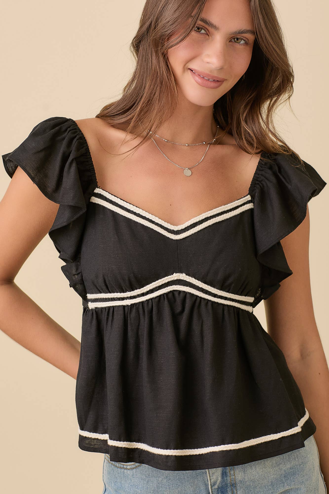 Ruffle Sleeve Peplum Blouse With Rope Embroidery