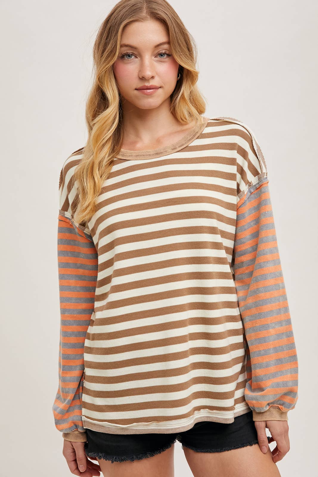 Bluivy - STRIPE CONTRAST EXPOSED SEAM LOOSE FIT KNIT PULLOVER