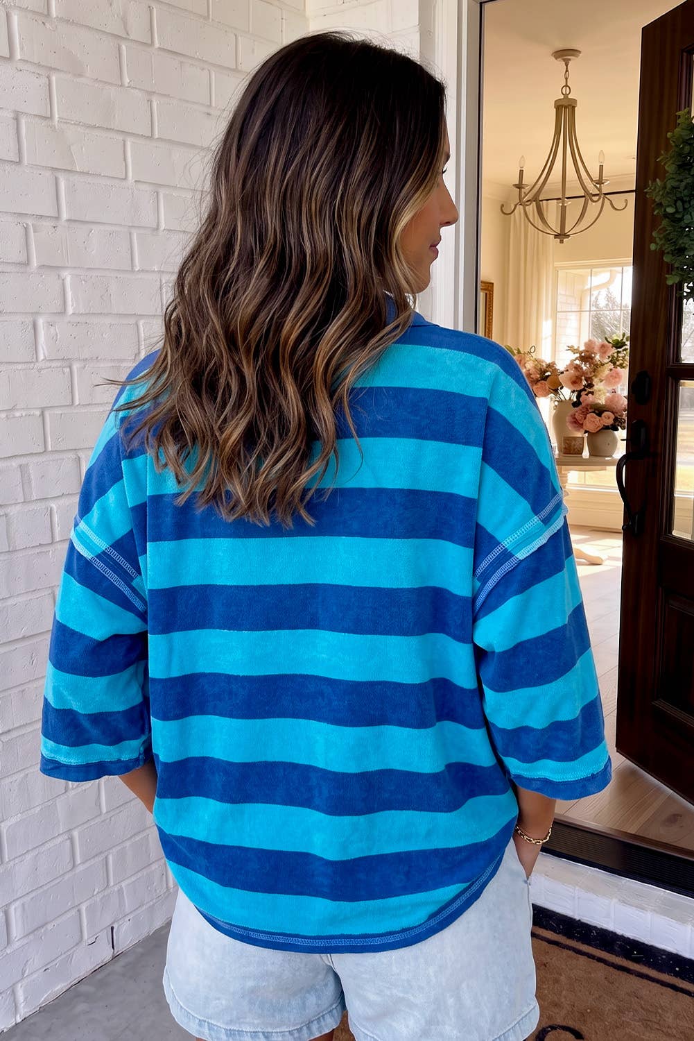 Striped Patchwork Collar Half Button Blouse