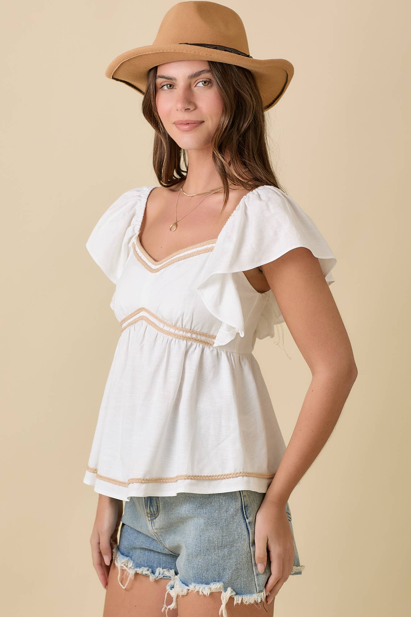 Ruffle Sleeve Peplum Blouse With Rope Embroidery