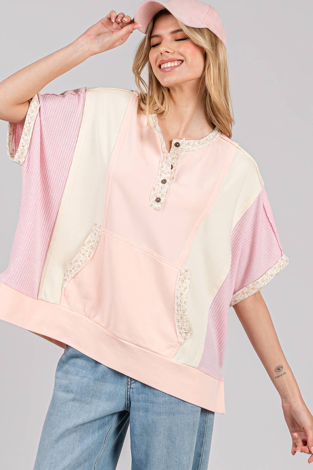 COLORBLOCK HALF BUTTON KNIT TOP (Sage + Fig)