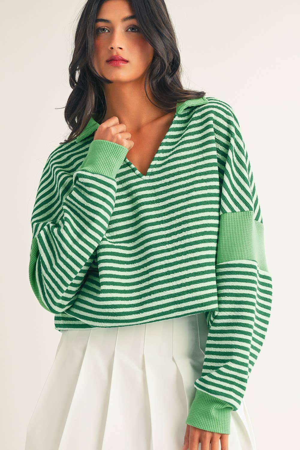 Little Daisy Closet - LDC Stripe Turn-Down V Neck Patchwork Loose Top