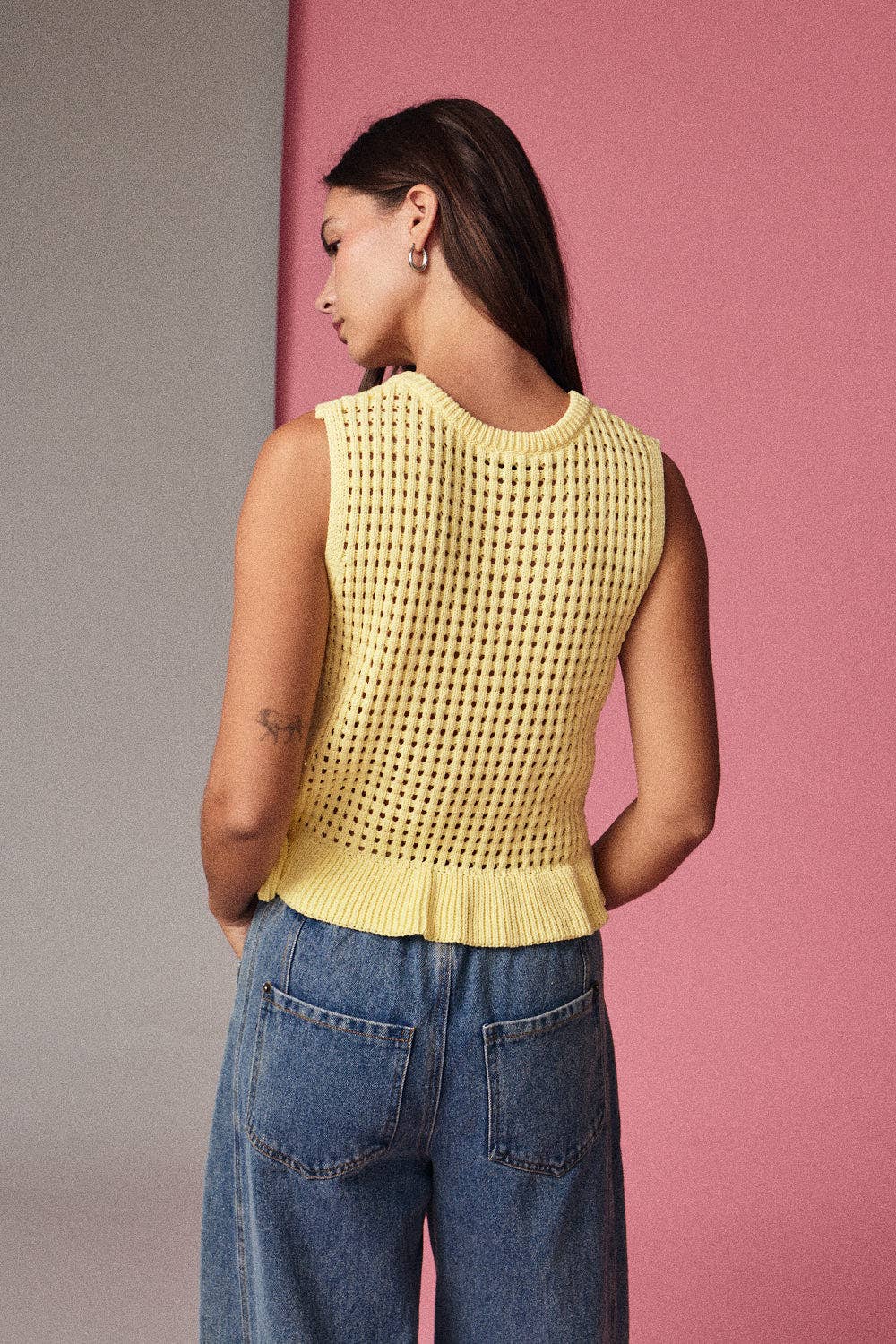 Sleeveless Open Knit Peplum Top