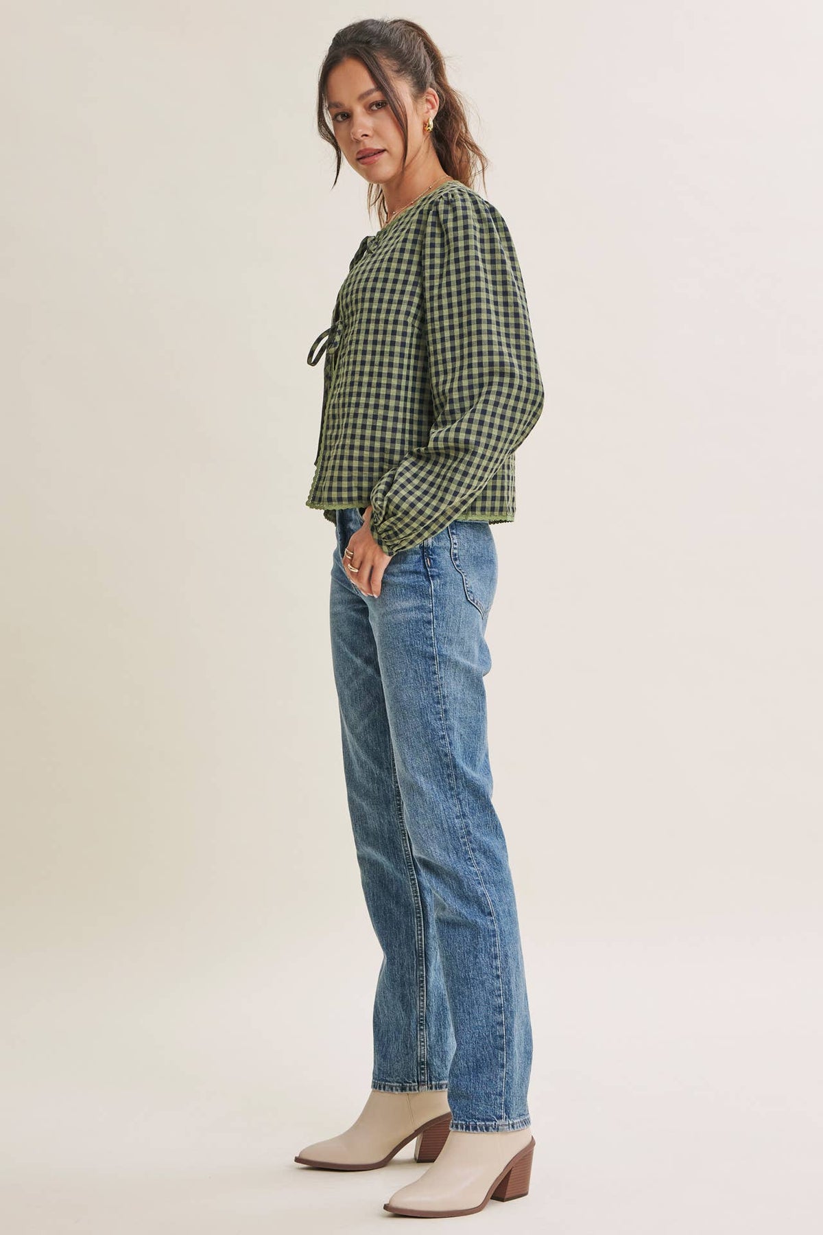 GINGHAM TIE-FRONT CROCHET LACE BLOUSE