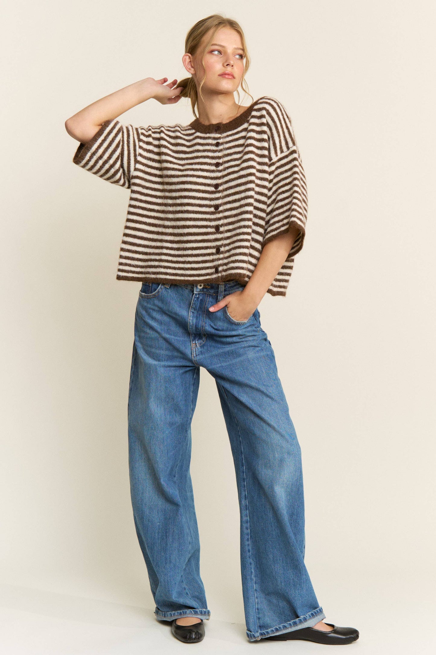 Brown Striped Cropped Soft Knit Cardigan