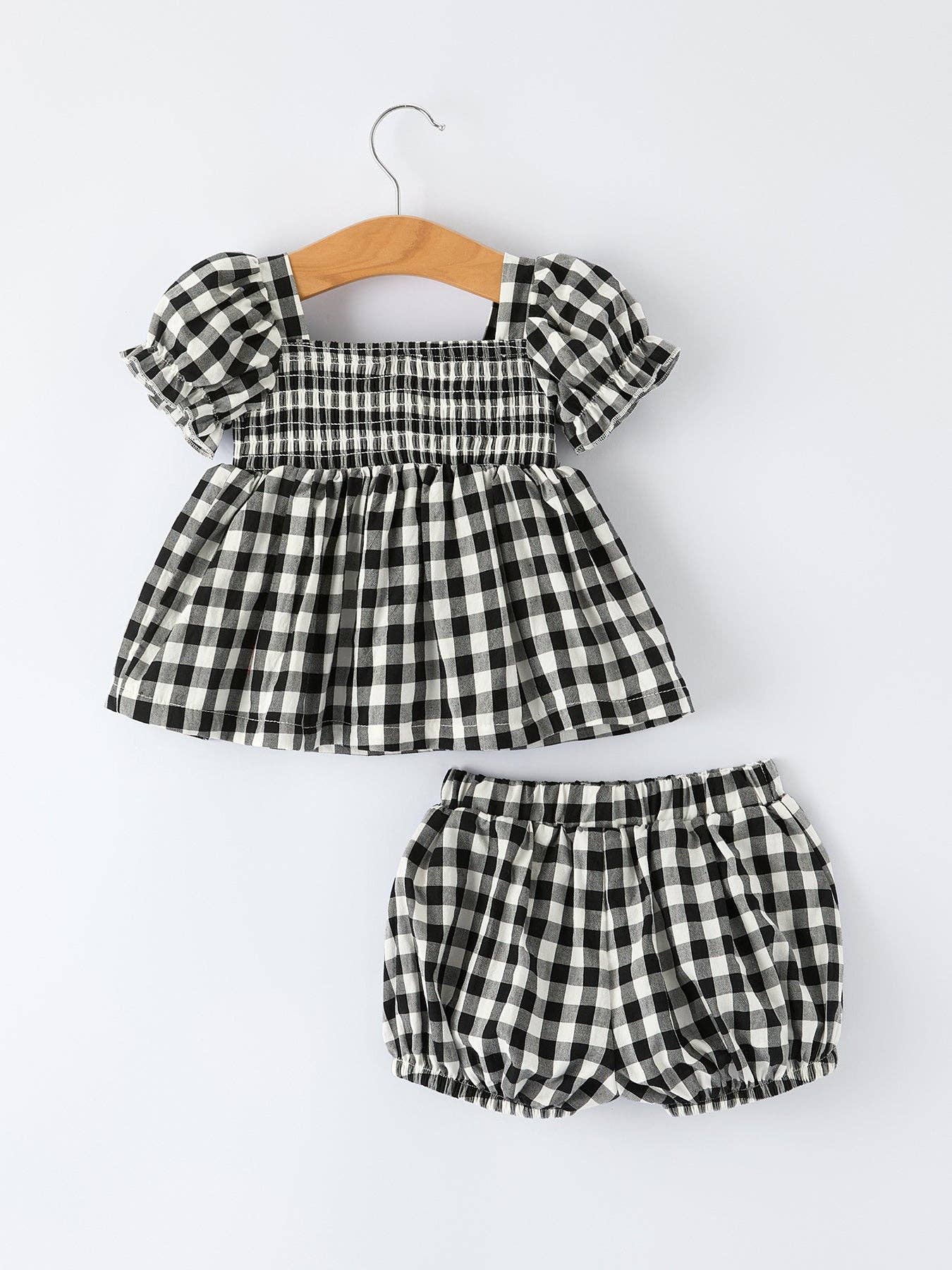 Plaid Girl Smocked Set Puff Sleeve Bloomer Set