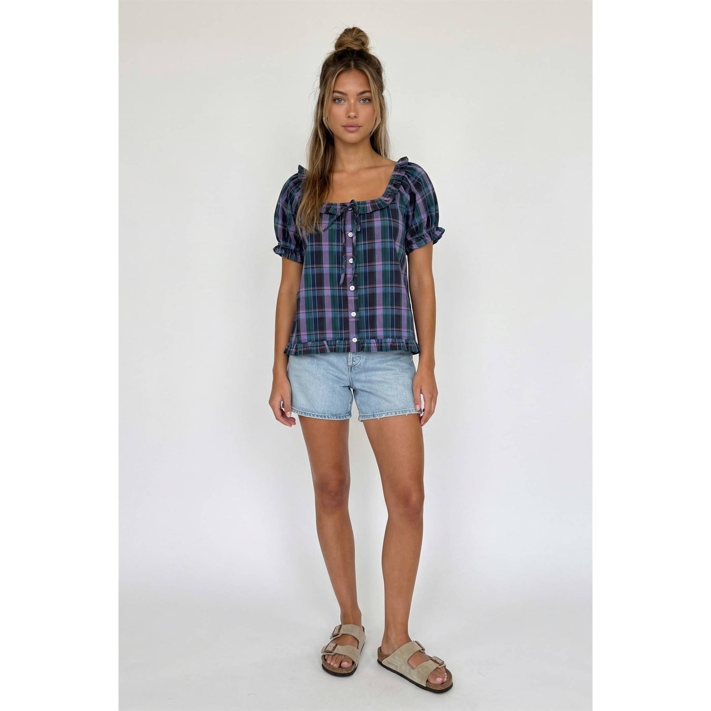 Twentifourth - TF26-0279T - Plaid ruffle sleeve button up blouse