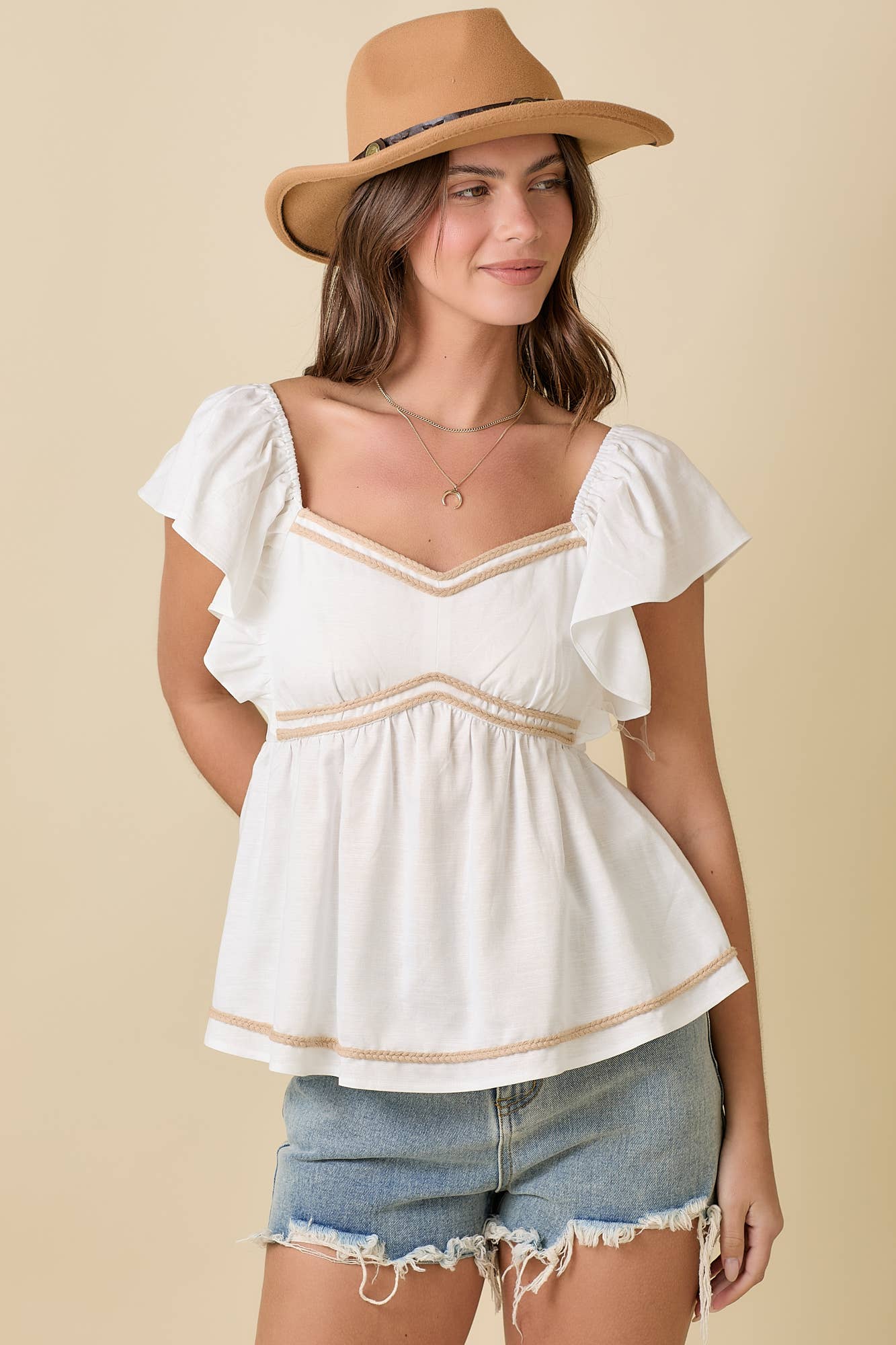 Ruffle Sleeve Peplum Blouse With Rope Embroidery