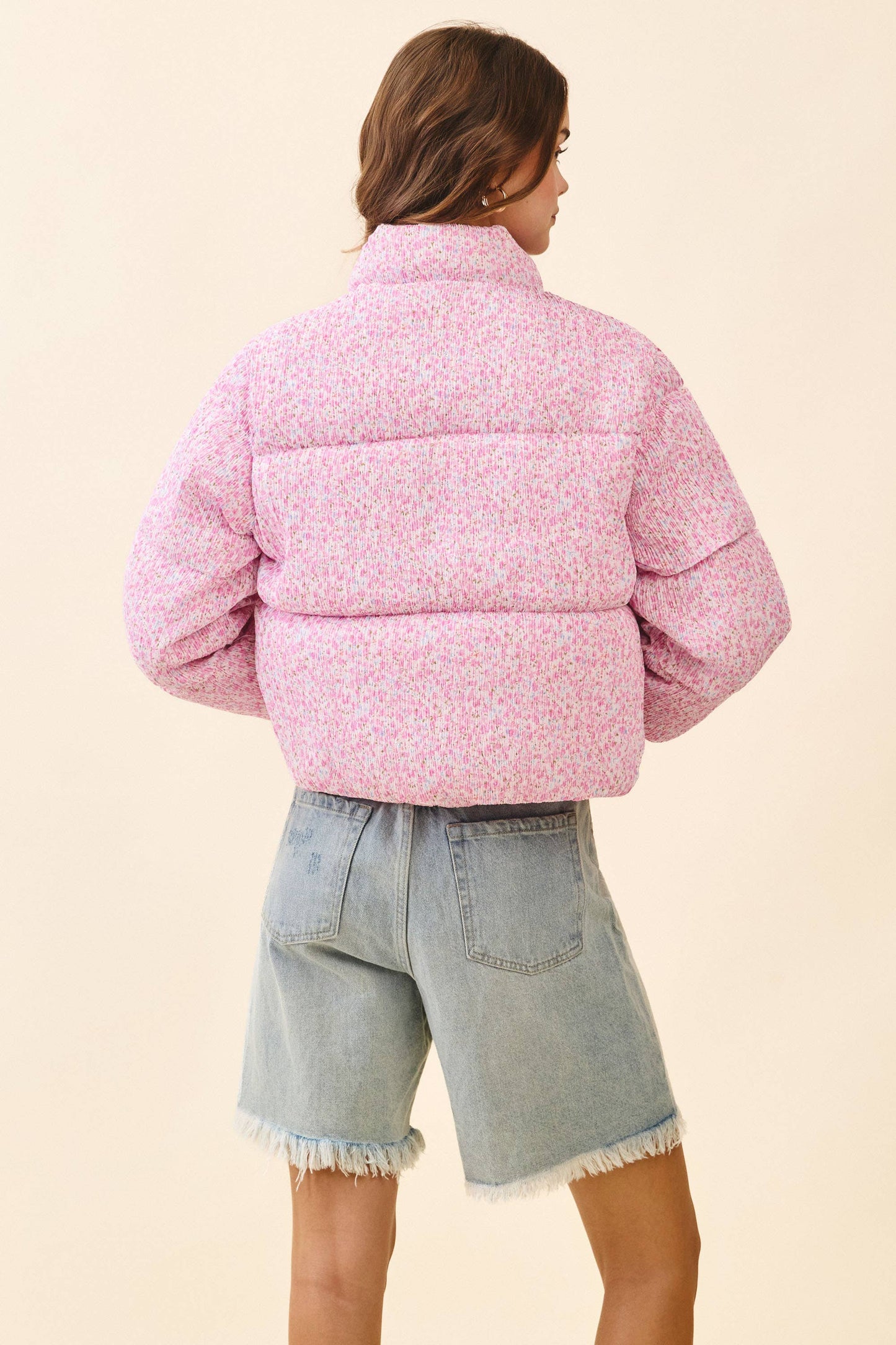Floral Printed Pink Puffer Jacket