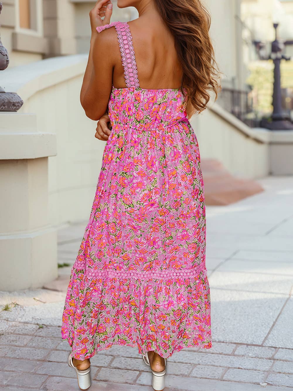 Floral Lace Tied Strap Empire Waist Maxi Dress