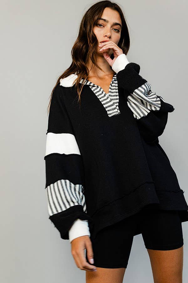Knit Color-block Collared Loose Fit Top